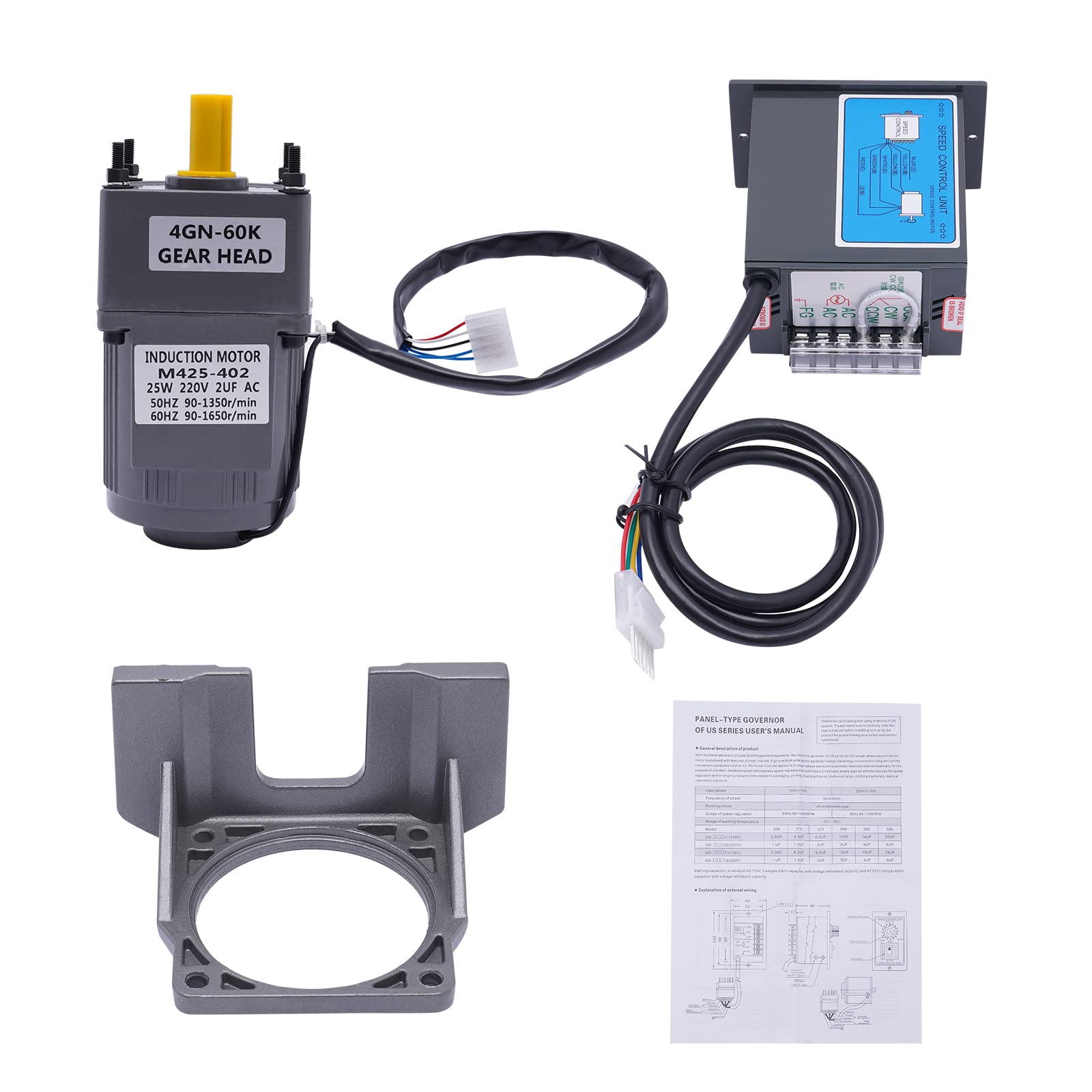 Silnik przekładniowy AC 25 W z regulatorem prędkości – moment obrotowy 8 Nm, silnik indukcyjny 220 V, redukcja 1:60, regulowana prędkość obrotowa dla przemysłu i budowy maszyn