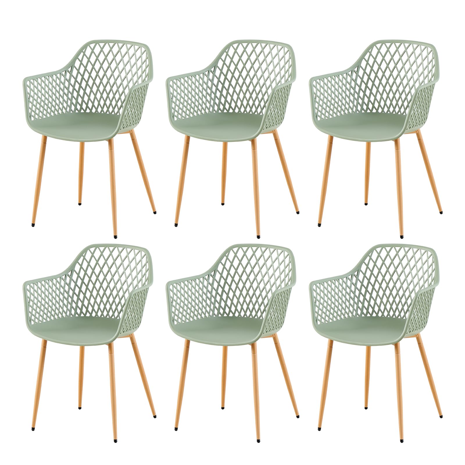 buybyroom Set de 6 sillas de jardín para exteriores, de plástico, para balcón con patas de metal, capacidad de carga 120 kg, color: gris/verde