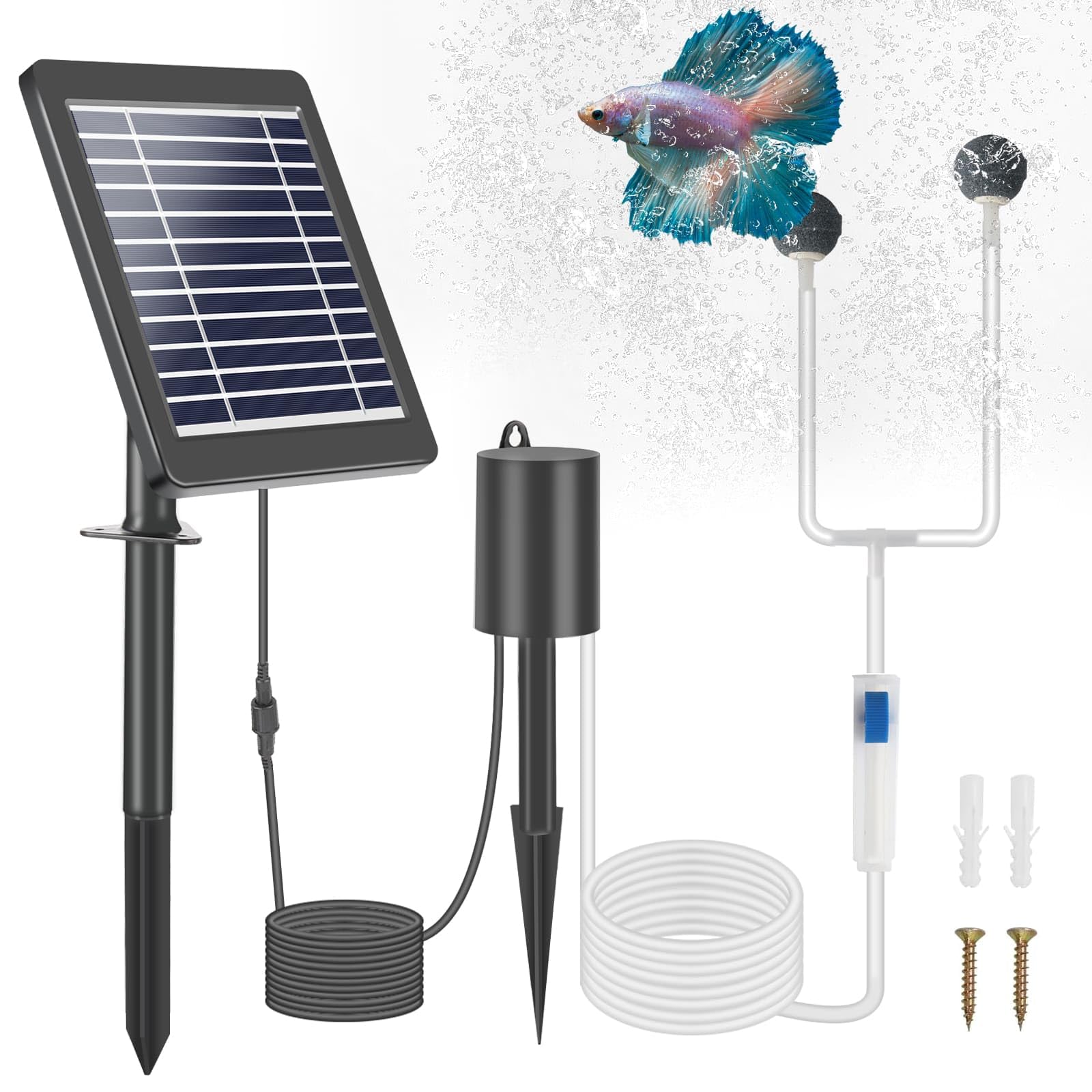 Weinsamkeit Bomba Solar para Estanque, Aireador Solar para Estanque 4W con Batería de 2200 mAh, 3 Modos, Aireador Acuario Solar con Tubo de Oxígeno y 2 Piedras Generadoras de Burbujas de Aire