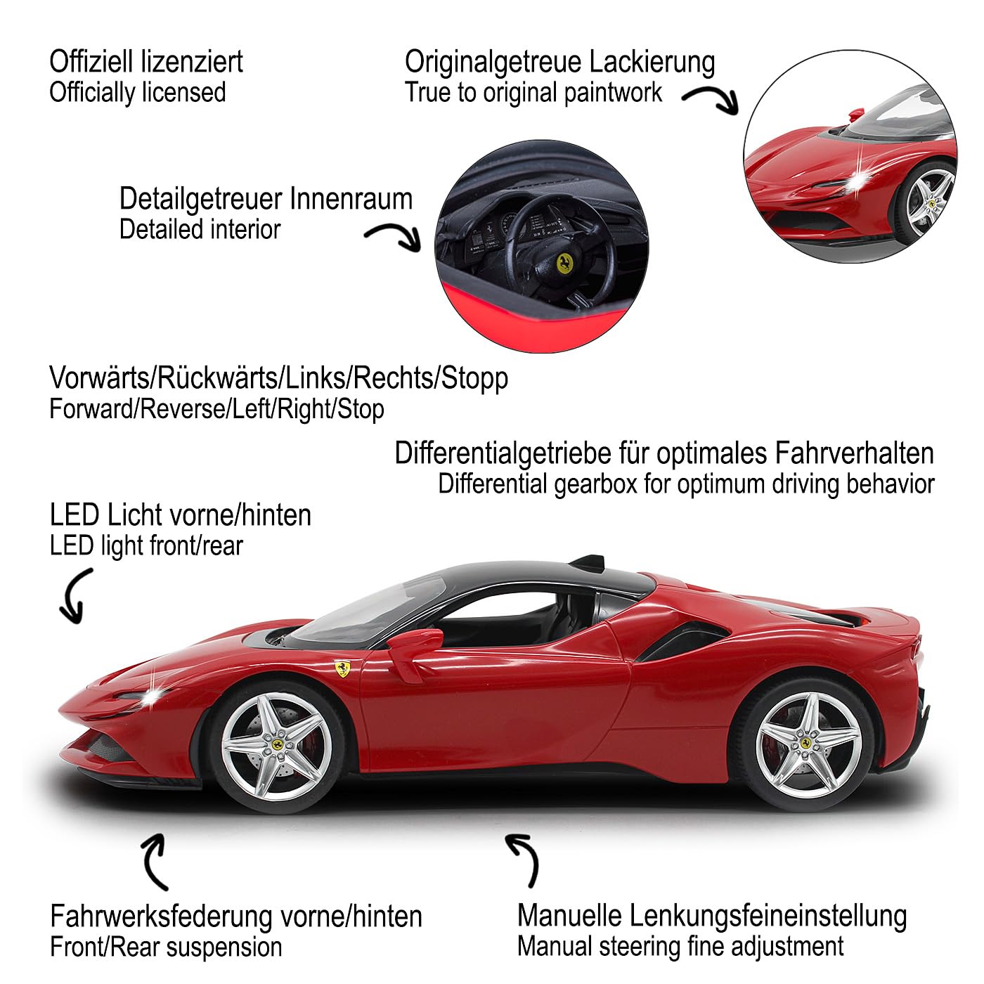 JAMARA 403122 – Ferrari SF90 Stradale 2,4 GHz 1:14 – oficjalna licencja, do 1 godziny czasu jazdy, ok. 11 km/h, światło LED, perfekcyjne szczegóły, szczegółowe wnętrze, wysokiej jakości wykonanie