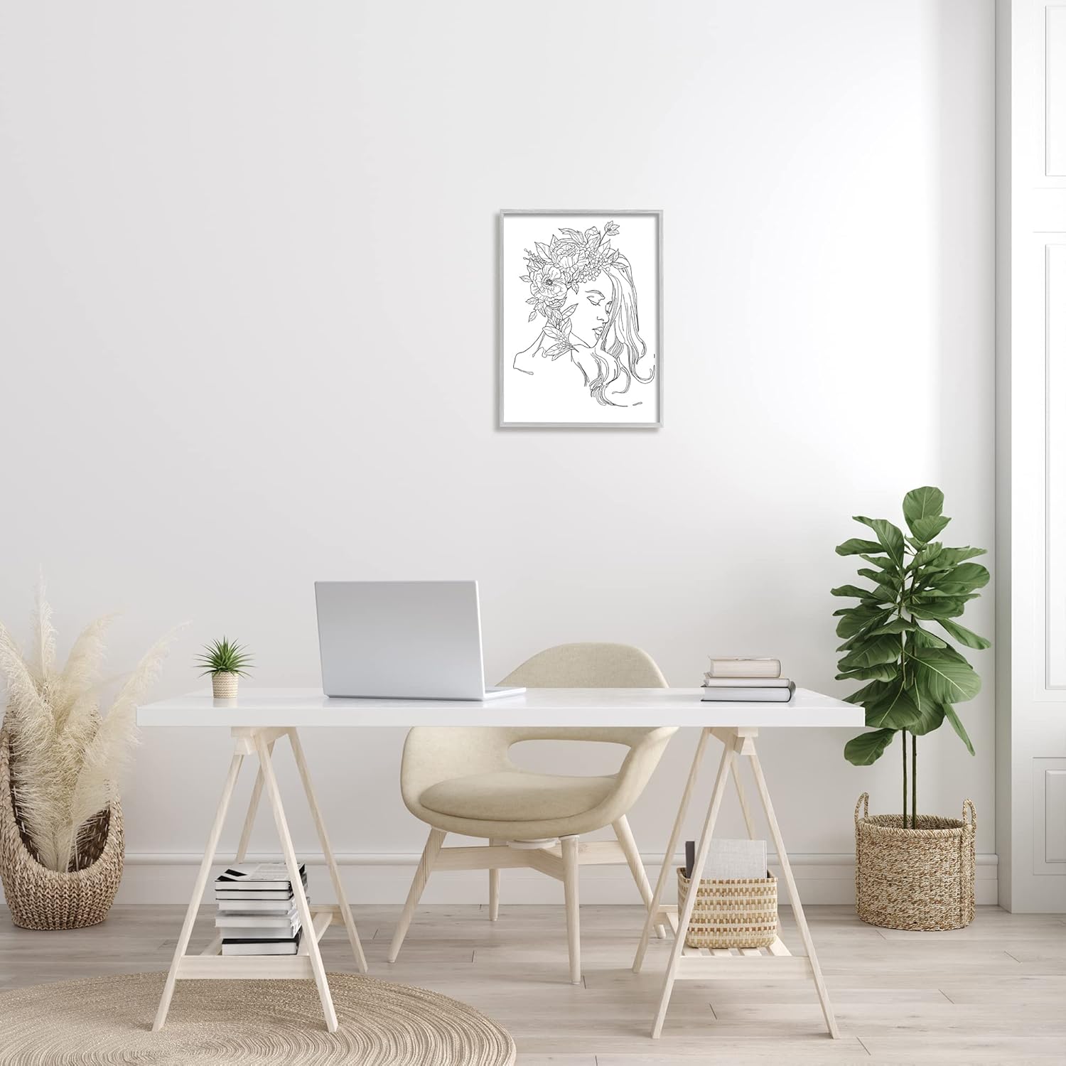 Stupell Industries Woman Face Detailed Blossoming Flowers Line Drawing Framed Wall Art, Design By Ziwei Li