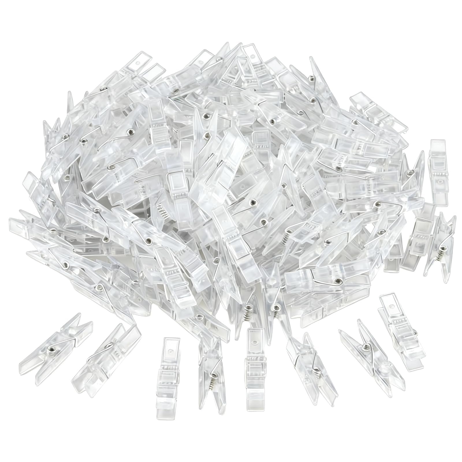 Juhuifu Transparent 150Pcs Clear Mini Photo Pegs, Plastic Craft Clips, Small Display Clamps