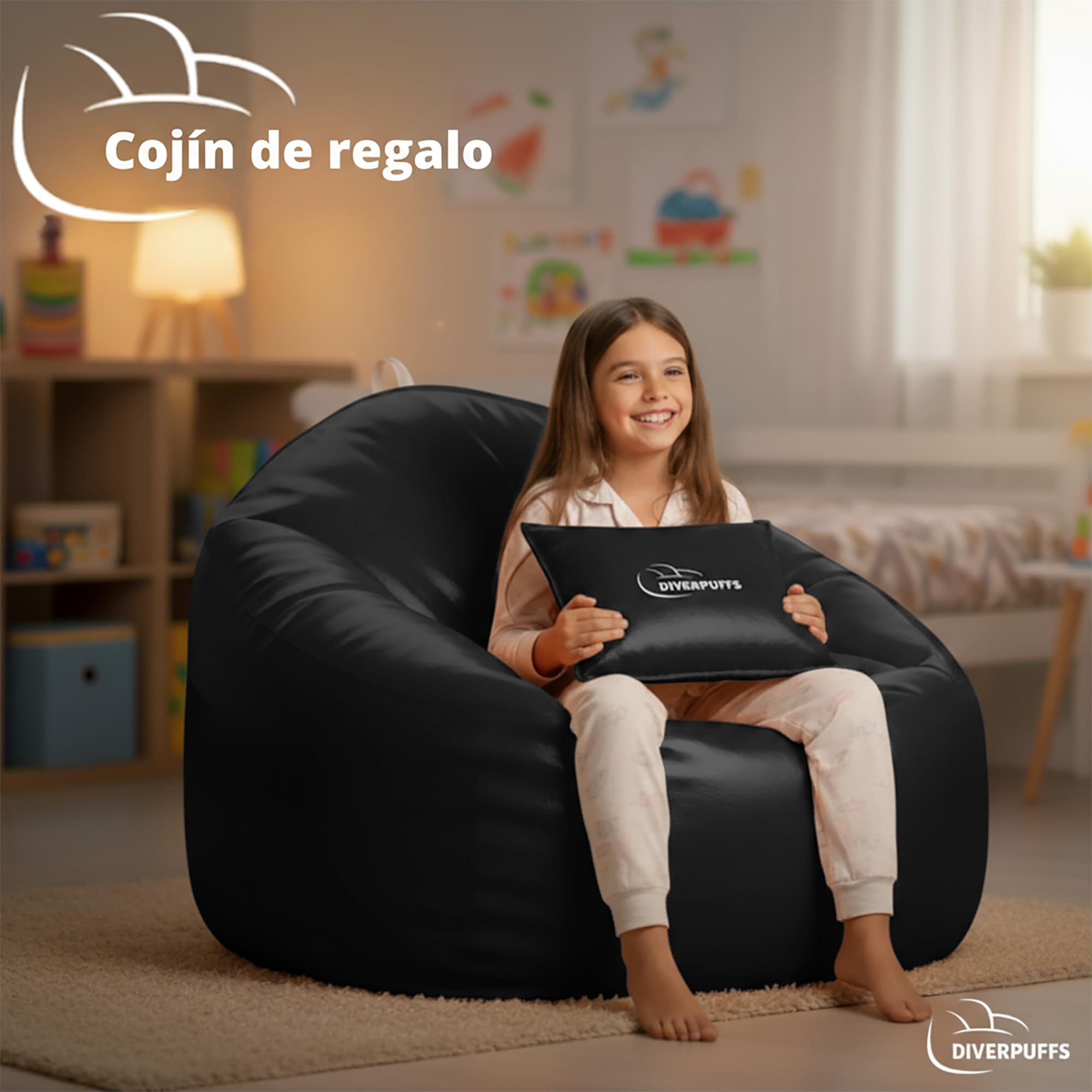 Puff Redondo Negro Pélota Bean Bag XXL Polipiel con Relleno Y Cojín Incluido Elegante y Comodo Resistente Waterproof Uso Interior Exterior Habitación Infantil Gamer Sala Juegos Salón