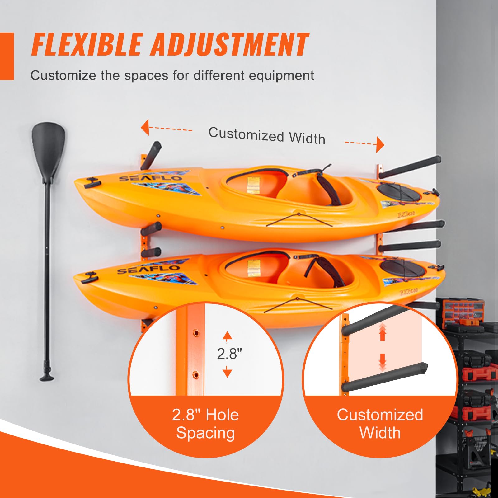 VEVOR Support Mural pour 4 Kayaks, Porte-Kayak, Canoë, Paddle SUP, Crochet de Rangement pour Kayak avec Bras Rembourrés Réglables, Charge de 181,4 kg, Cintre pour Kayak pour Garage Intérieur Extérieur