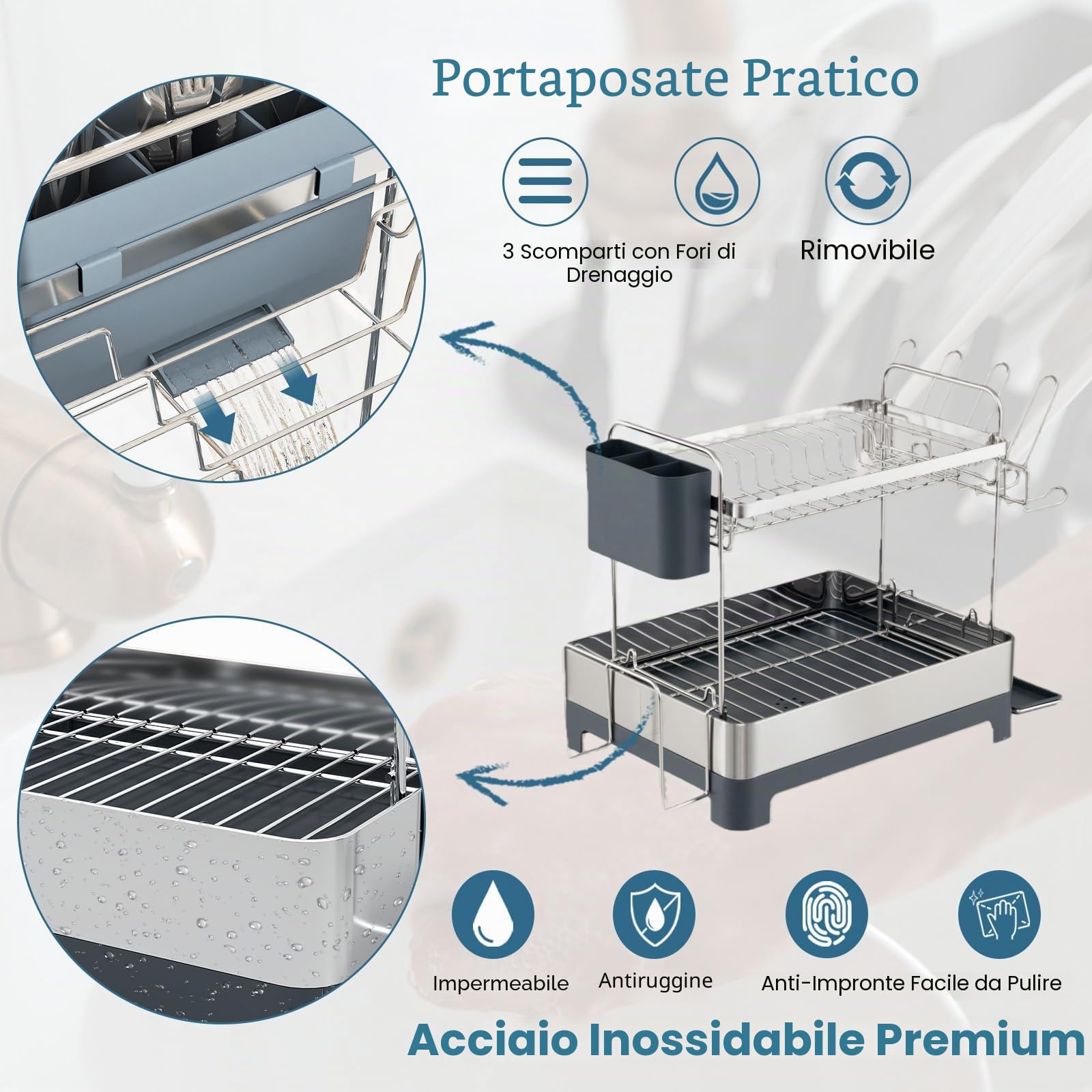 KOMFOTTEU Scolapiatti in acciaio inox, scaffale organizzatore da cucina a 2 livelli con vassoio di scarico porta posate e secchio per posate, deposito cucina, 57 x 32 x 39,5 cm