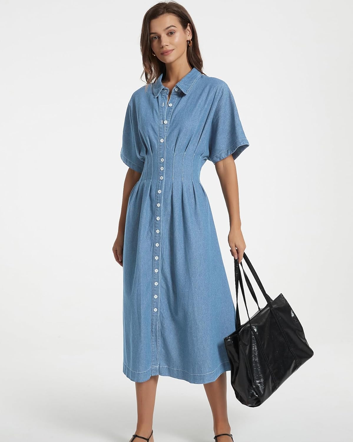 Women's Summer Denim Shirt Dress Lapel V Neck Short Sleeve Midi Jean Dress Button Down Long Dresses - Image 6