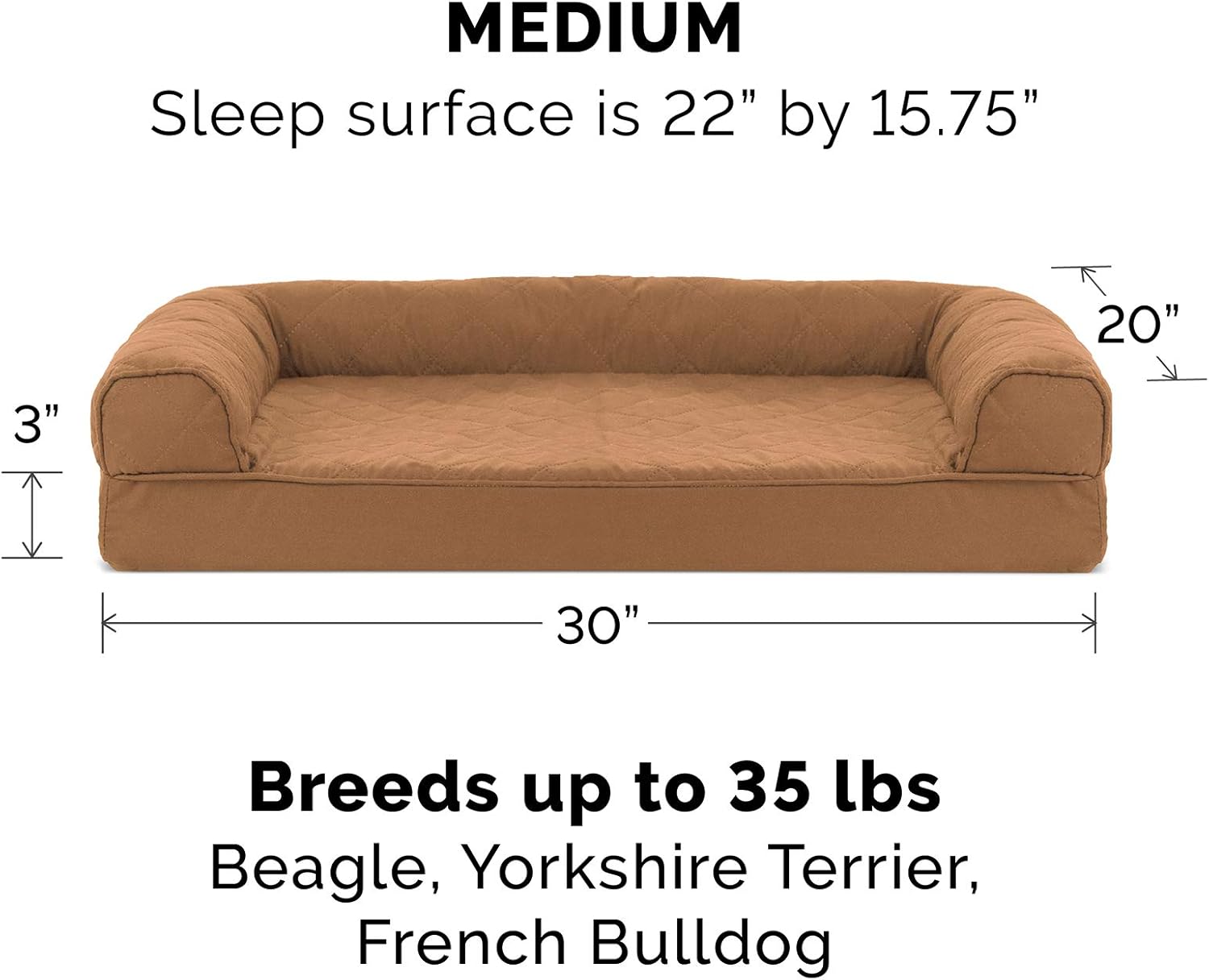 Furhaven Memory Foam Dog Bed for Medium/Small Dogs w/ Removable Bolsters & Washable Cover, For Dogs Up to 35 lbs - Quilted Sofa - Toasted Brown, Medium