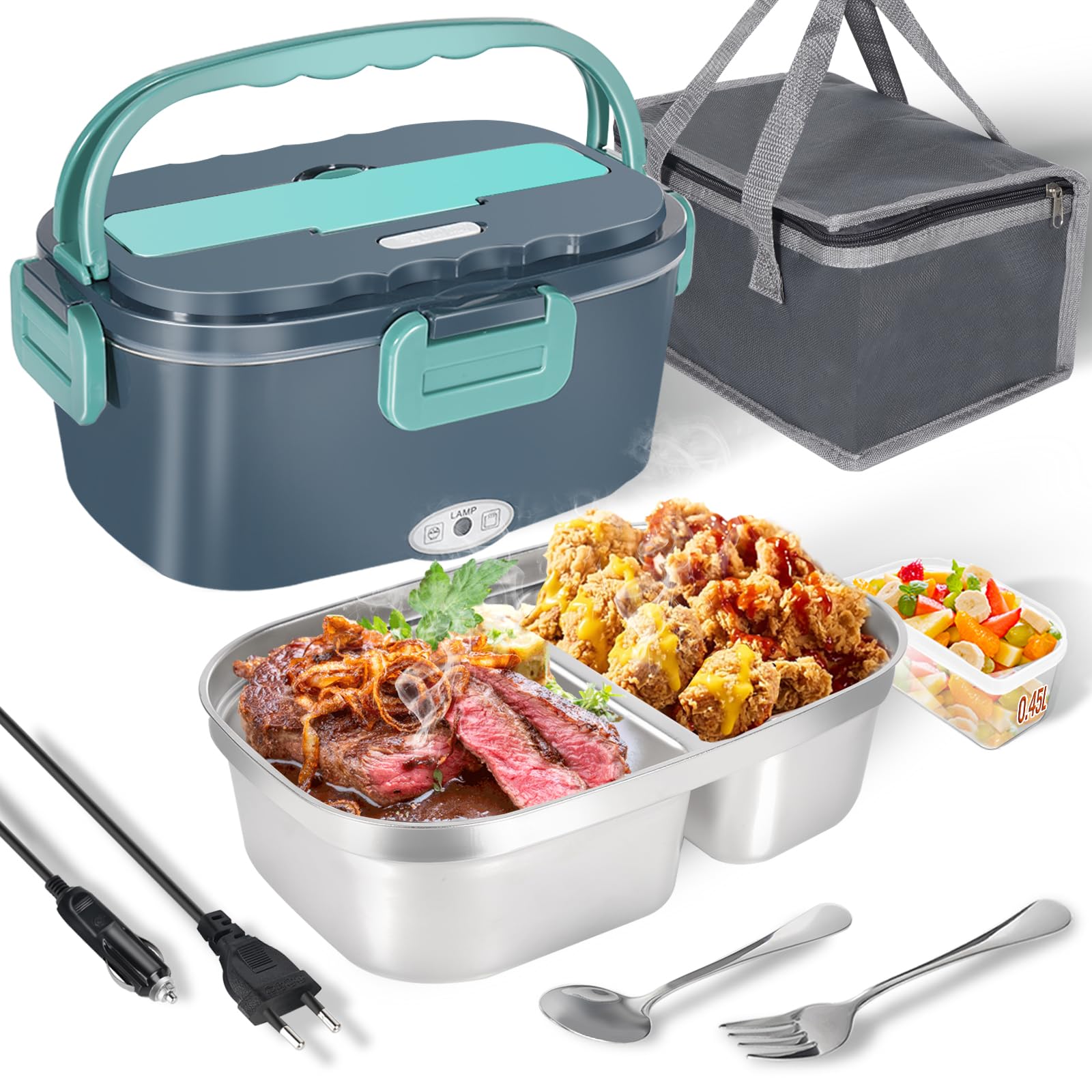 Boîte à Lunch Électrique 80W 1,5L 3 En 1 (12V/24V/220V) - Chauffante Portable Avec Fourchette Cuillère