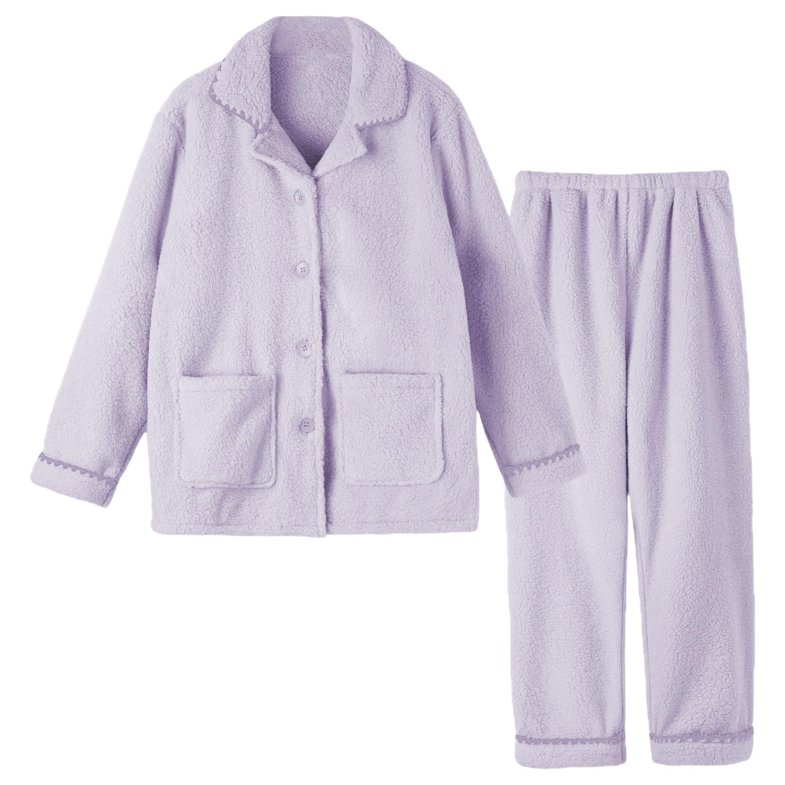 Pigiama da donna, tinta unita, in pile corallo, set di pigiama con bottoni, colletto rovesciato, pigiameria e pantaloni da pigiama, 2 pezzi, autunno, inverno, ispessito, per la casa, coppia