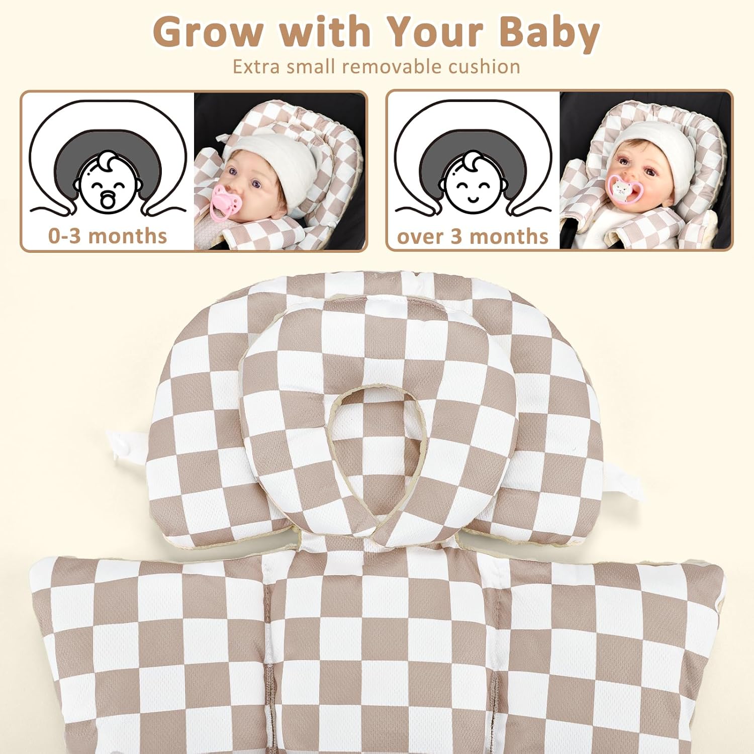 DILIMI Infant Car Seat Insert, Baby Car Seat Head Support with Removable Headrest, Adjustable Newborn Car Seat Cushion with3 Strap Paddings for Stroller, Swing, Bouncers, Coffee Lattice