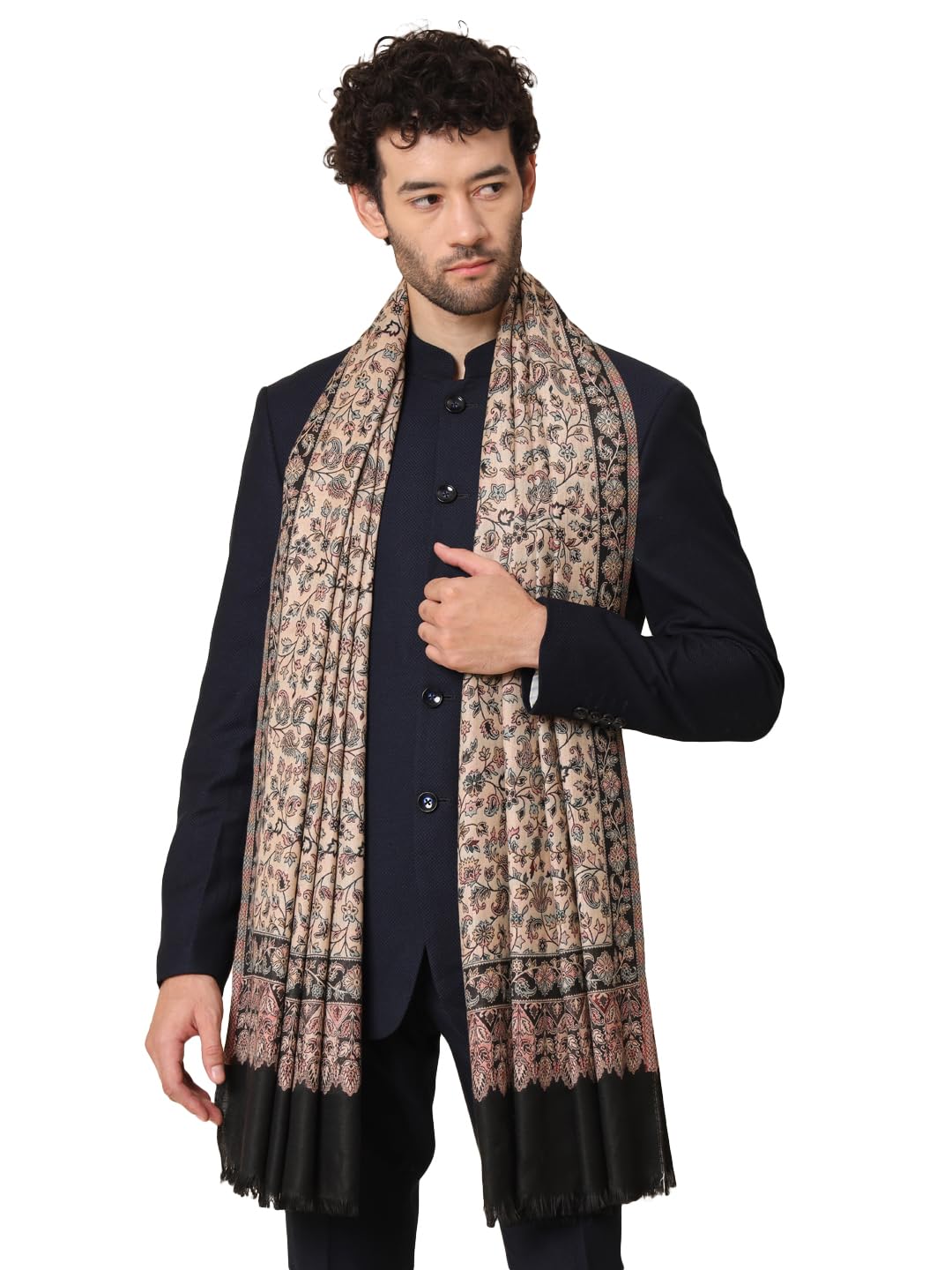 Zamour Large Kani Weave Indian Kashmiri Prayer Shawl Wrap for Men with Traditional Floral Jaal Patterns