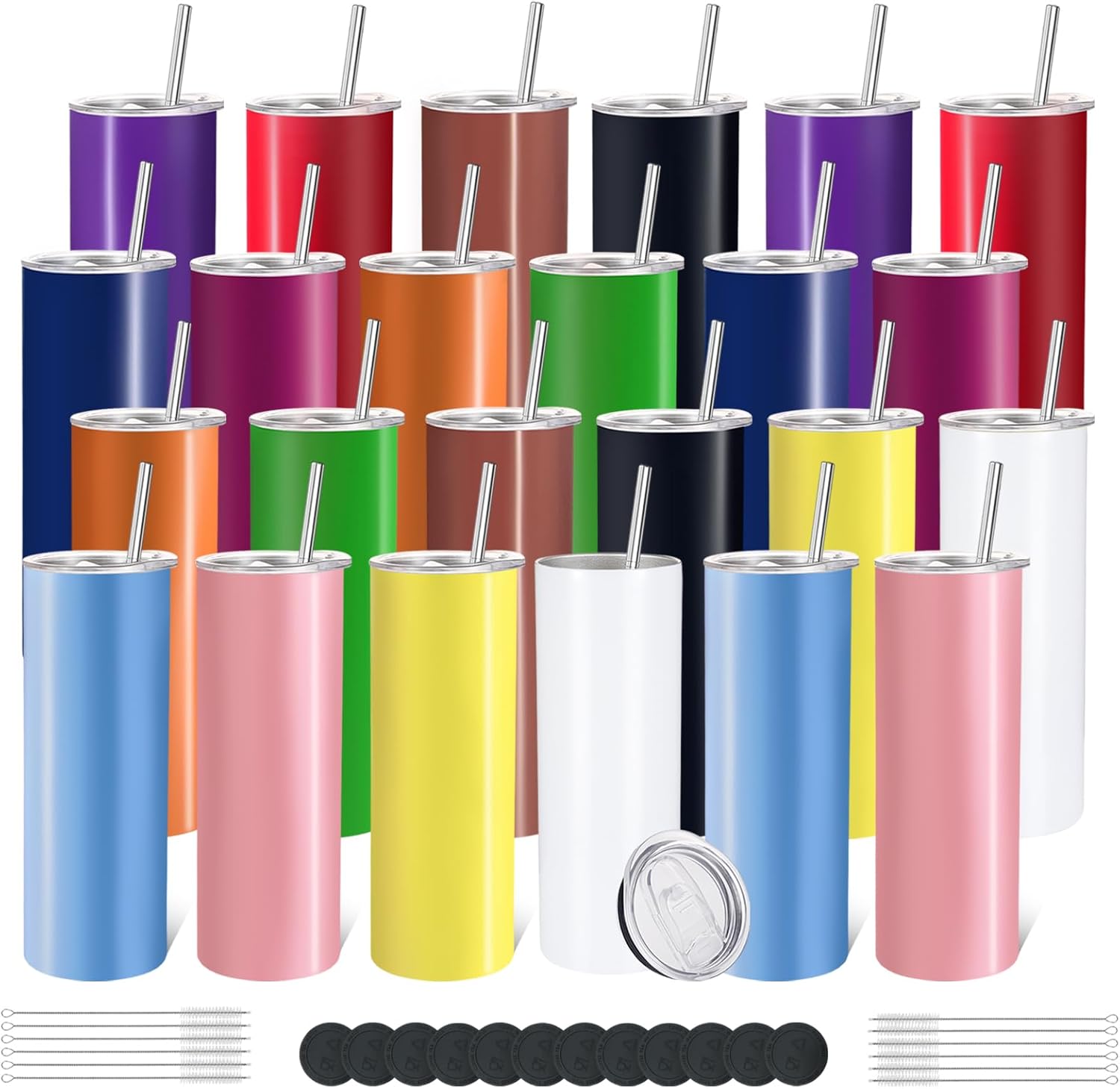 24 Pack Stainless Steel Skinny Tumblers 20oz - Bulk Straight Double Wall Vacuum Insulated Tumbler with Lid and Straw & Silicone Base for Travel, DIY (Mixed Colors)
