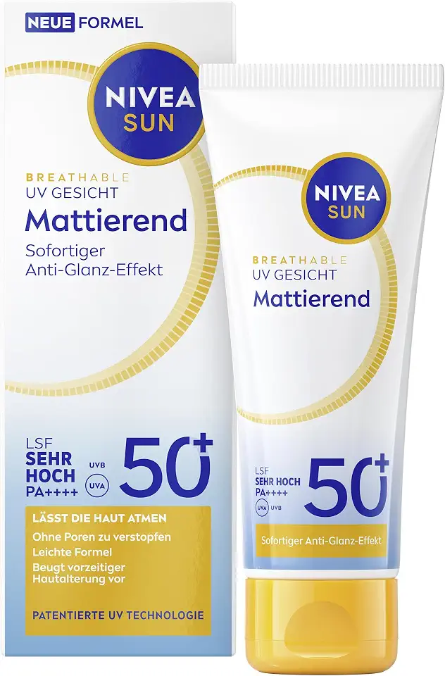 NIVEA SUN Sonnenschutz LSF 50+, mattierende Sonnencreme für das Gesicht mit Anti-Glanz-Effekt, atmungsaktive Sonnenmilch mit leichter Textur, Breathable UV Gesicht Mattierend (40 ml)