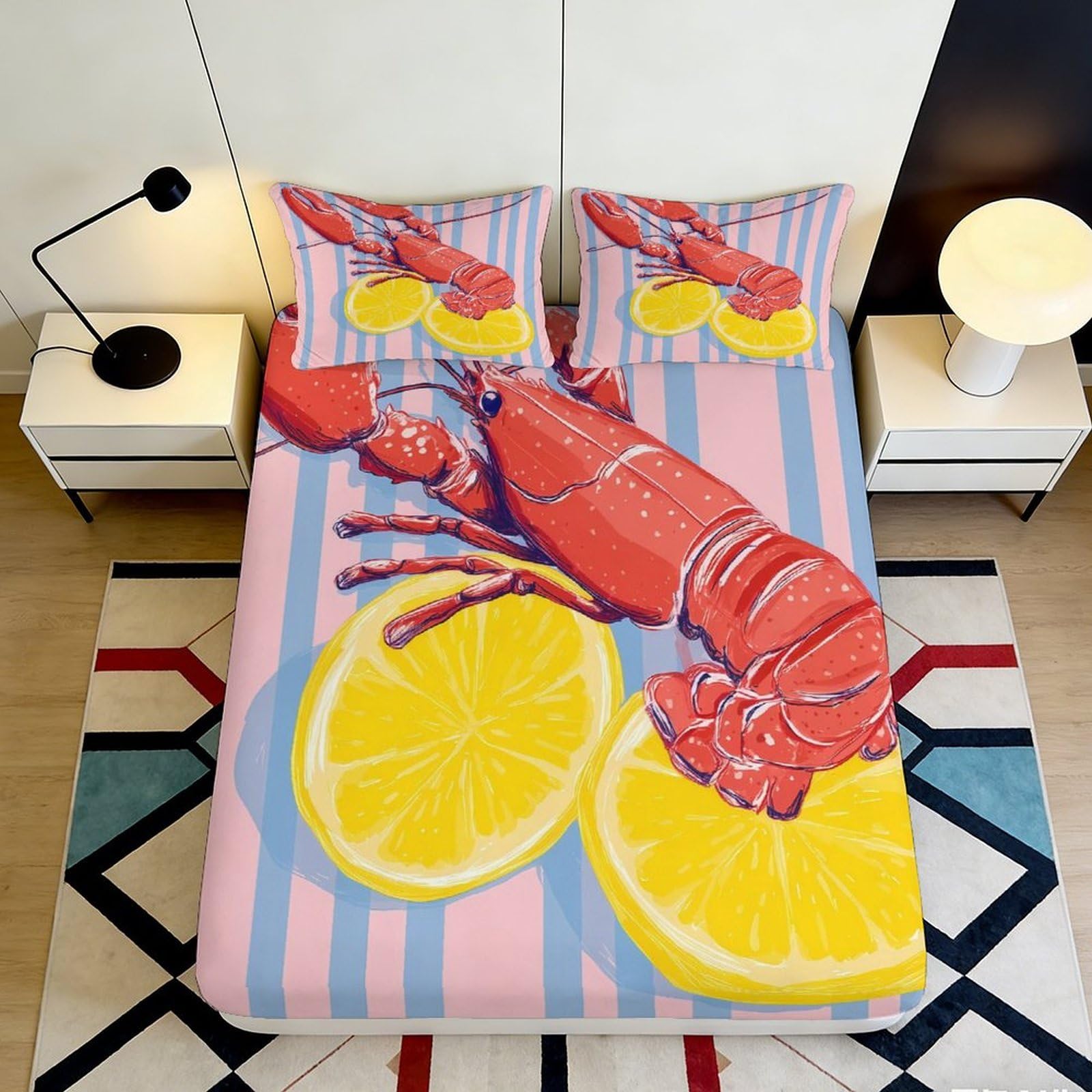 3D Printed Lobster Lemon Fitted Sheet Microfiber Soft Breathable Bed Sheet for Bedroom Guest Room Decor Mattress Protection 90x200x25cm