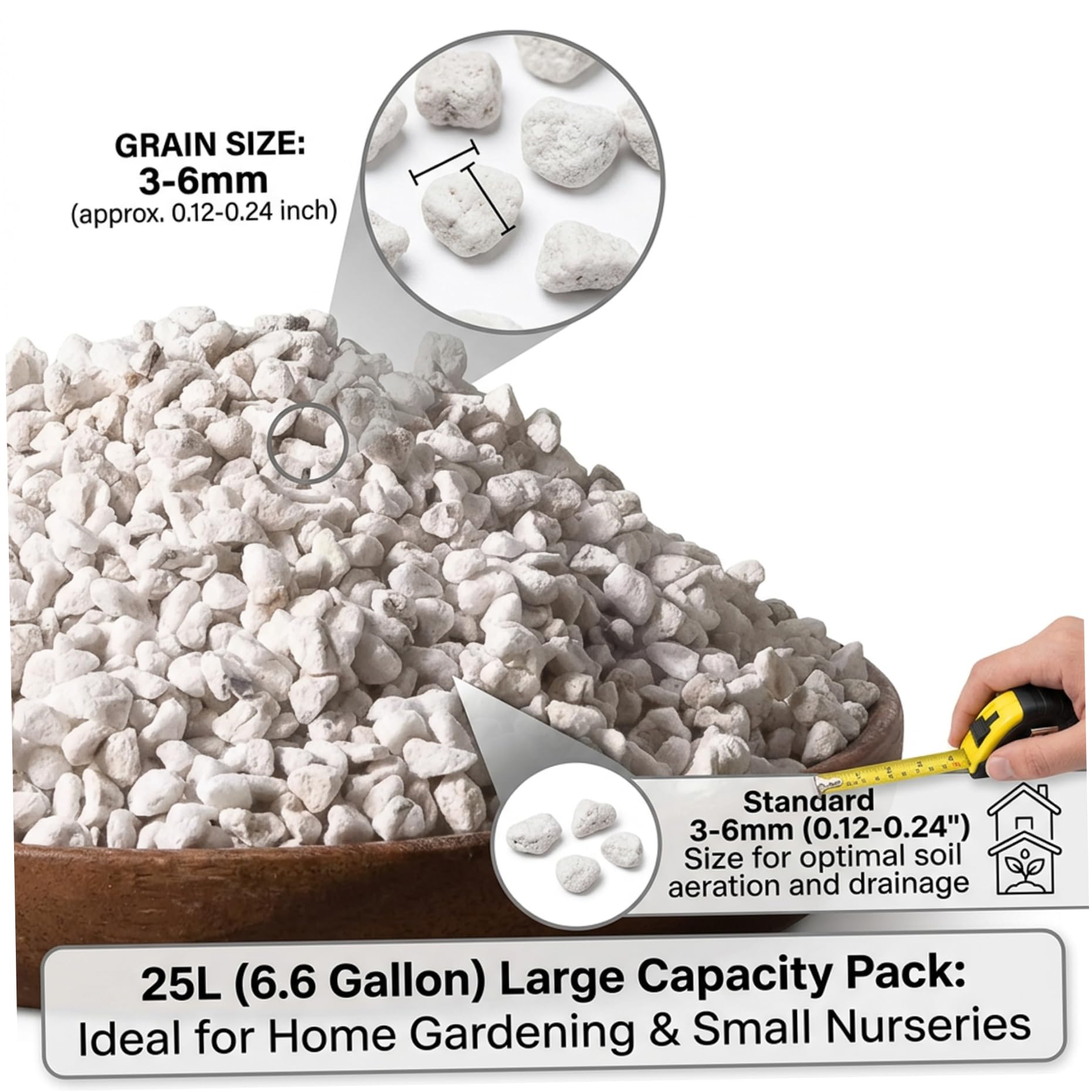 Perlite Sfusa, Perlite per Il Giardinaggio, per Piante in granuli Grandi da 3-6 mm da 25 Litri, Ammendante Organico del Terreno Aerazione e drenaggio migliorati nell'impasto per vasi