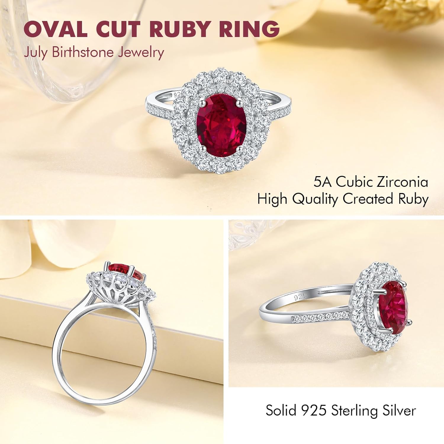 DAYBYDAY Oval Birthstone Rings for Women, 925 Sterling Silve Ruby/Sapphire/Emerald Double Halo Engagement Wedding Ring, 3ct-4ct Big Cockatil Rings - Image 4