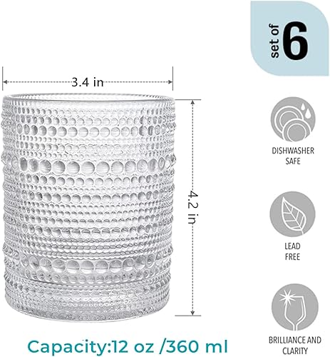 Miniatura 2 de Bandesun Vasos de agua románticos, juego de 6 vasos de 12 onzas con forma de hobnail para beber, juego de cristalería vintage en relieve para