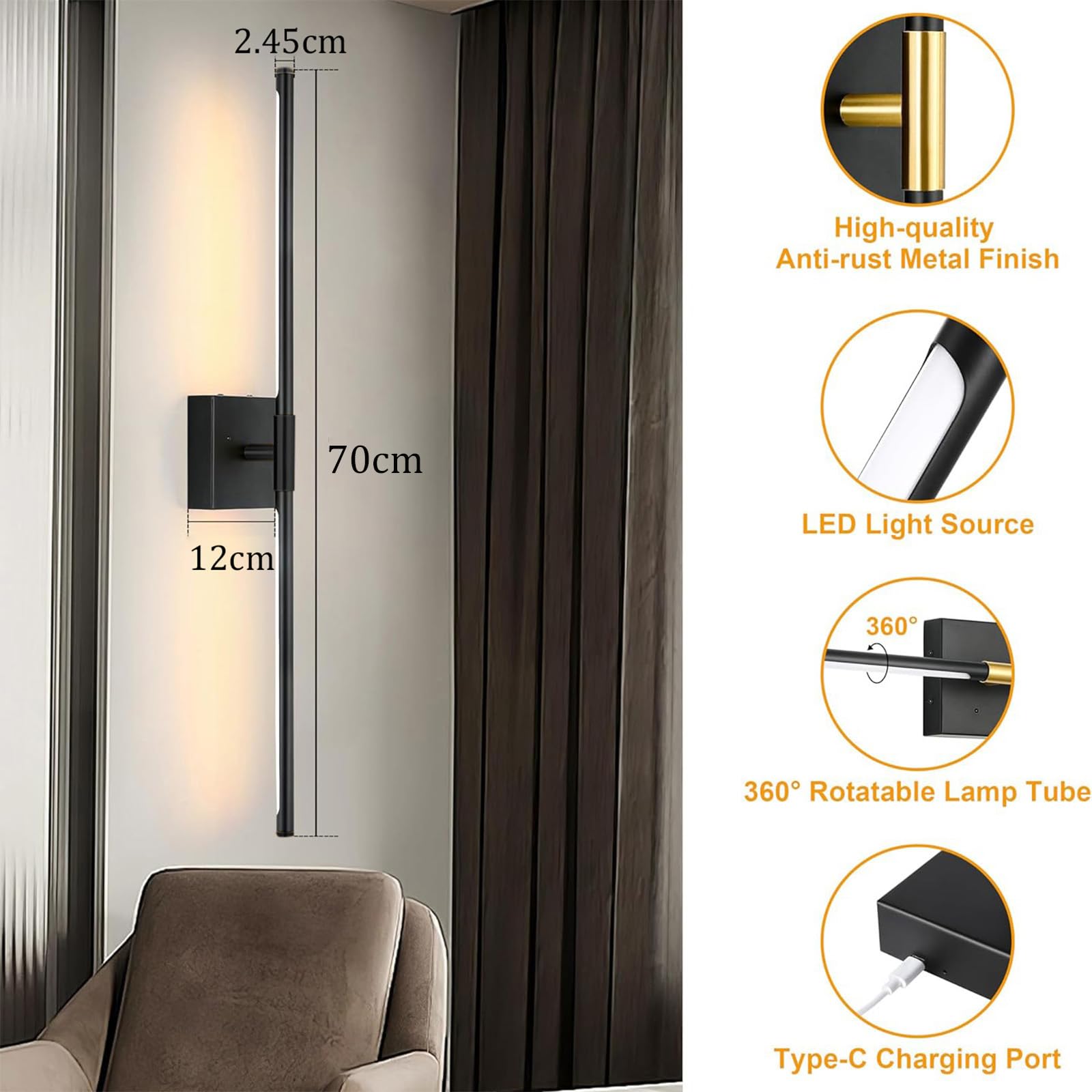 LED Außen Lange Wandleuchten IP65 Wasserdicht Dimmbar Wandlampen Wandbeleuchtung mit Fernbedienung Modern Aluminium Innen/Aussen für Gärten Villa Terasse Korridor Schwarze 3000K-6500K (D,60cm)