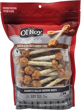 Ol Roy Beefhide Chicken Coated Munchy Sticks 40 Count Dog Treats, 16.9 Ounce Bag