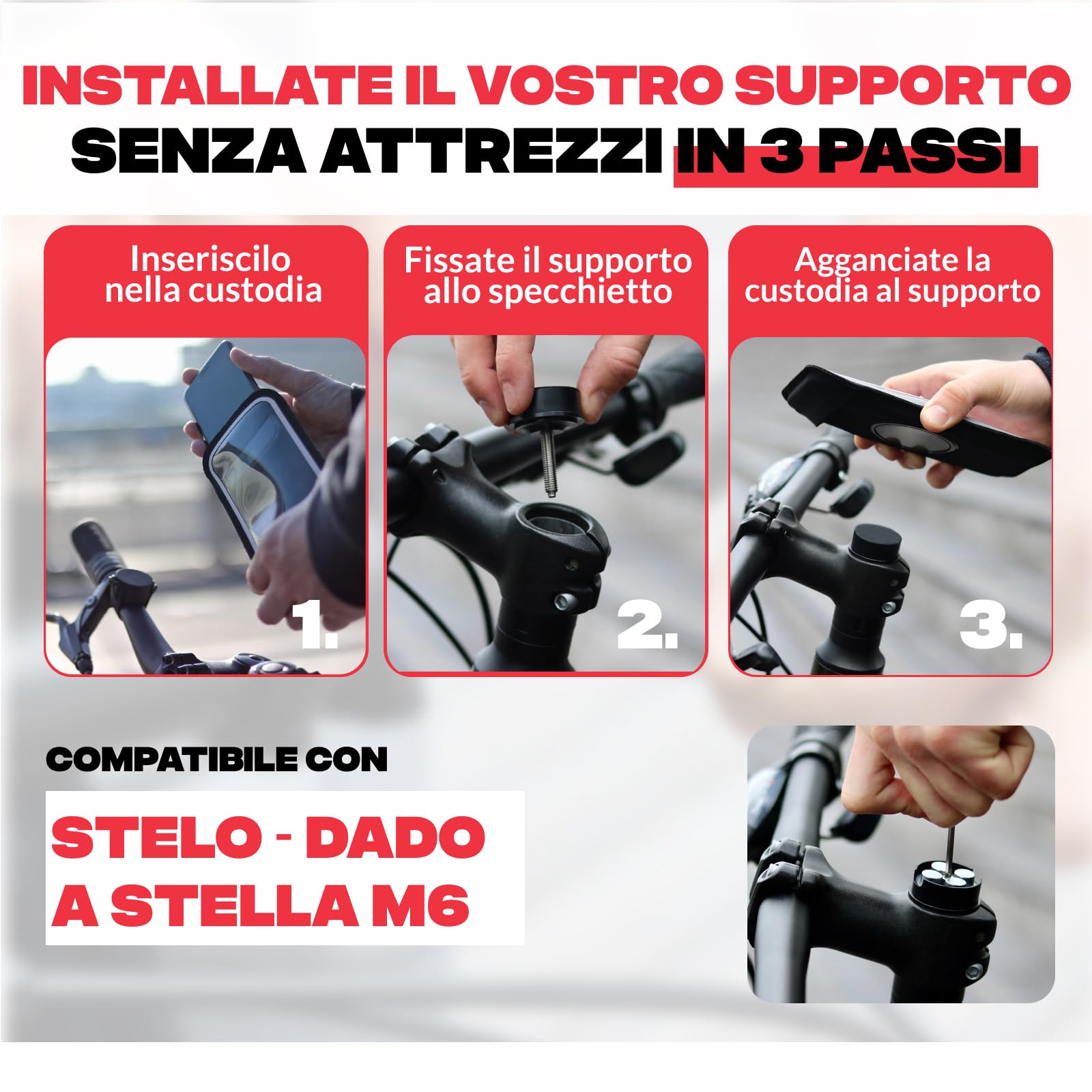 Shapeheart Porta Cellulare Bici per Attacco Manubrio Magnetico | Compatibile con ogni telefono | Attacco M6 | Sterzo 1 1/8 | Attacca e stacca in 2 s | Antivibrazione | Resiste alla pioggia