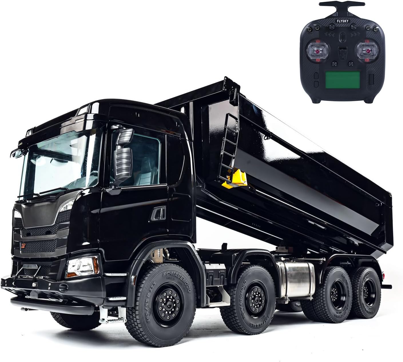 1/14 RC Hydraulic Dump Truck 8 * 8 Remote Control Tipper Model Metal Gearbox Chassis Axle Locks Openable Door Quick Release Body Hobby Grade Model for Ages 14+(Black)