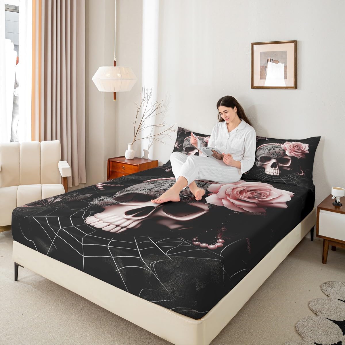 Homewish Juego de ropa de cama con diseño de calavera y rosas rosadas, sábana bajera ajustable para mujeres y hombres, sábanas vintage de flores góticas negras, funda de edredón de telaraña de