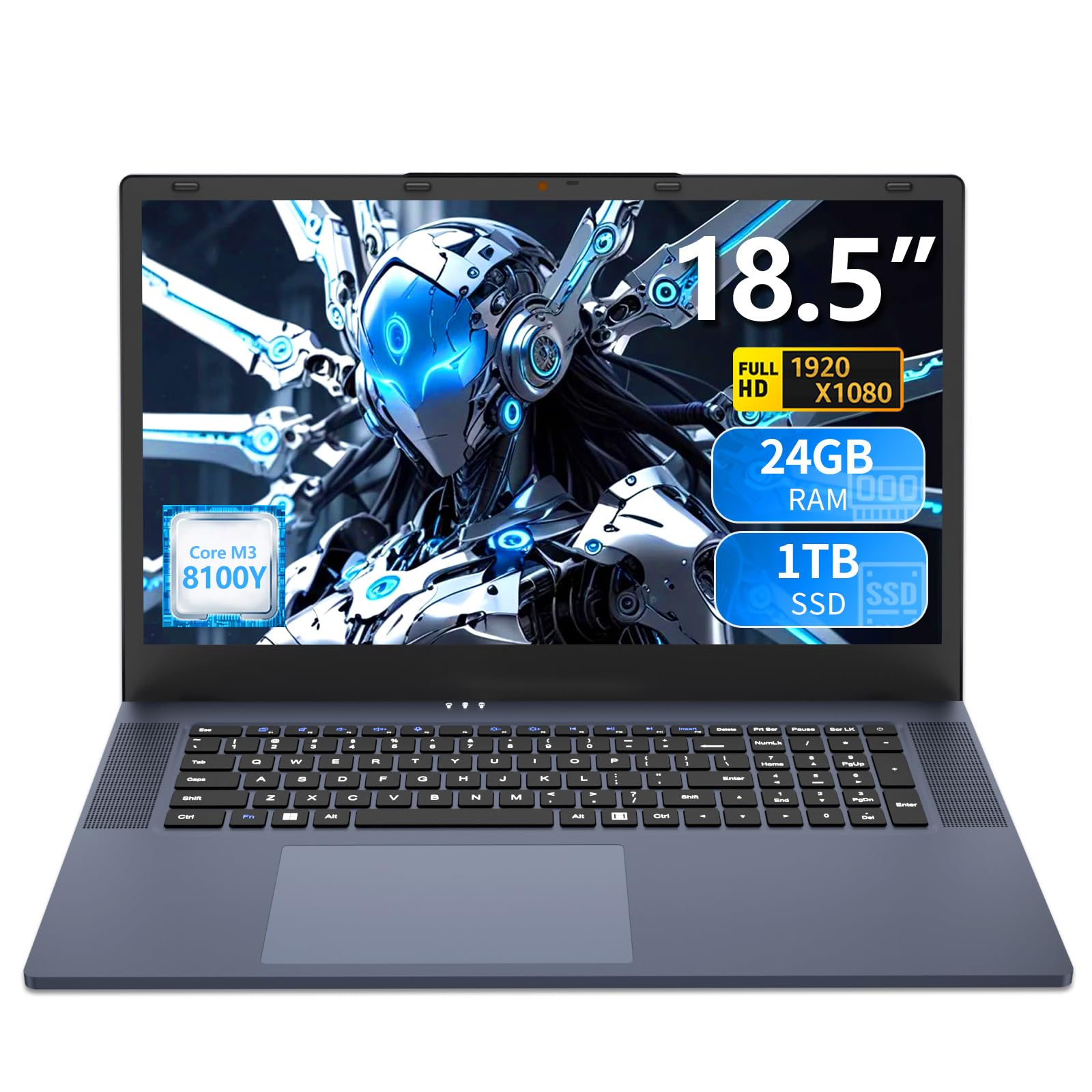 Ordenador Portátil 18,5 Pulgadas, Core 8100Y, PC Portátil 24GB RAM 1TB SSD, Win 11 Laptop, Pantalla IPS FHD 1920×1080, USB 3.0, Type-C, Wi-Fi 5, BT 5.0, Ideal para Trabajo y Estudiantes