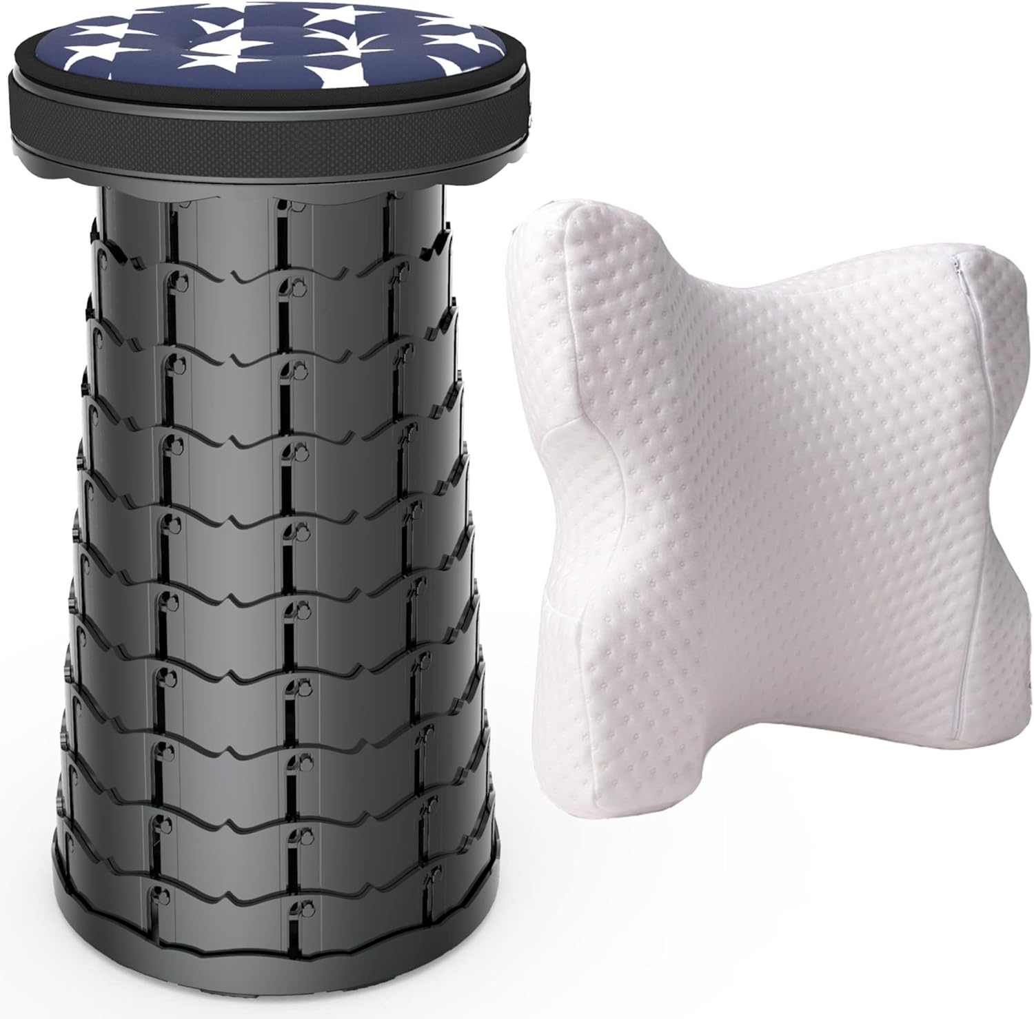 ALEVMOOM 2Pcs Cuddle Pillow&Telescoping Stool,Couple Pillow Slow Rebound Pressure Pillow Bundle Camping Stool with Cushion,Retractable Stool Adjustable Folding Stool for Hiking Garden BBQ with Bag