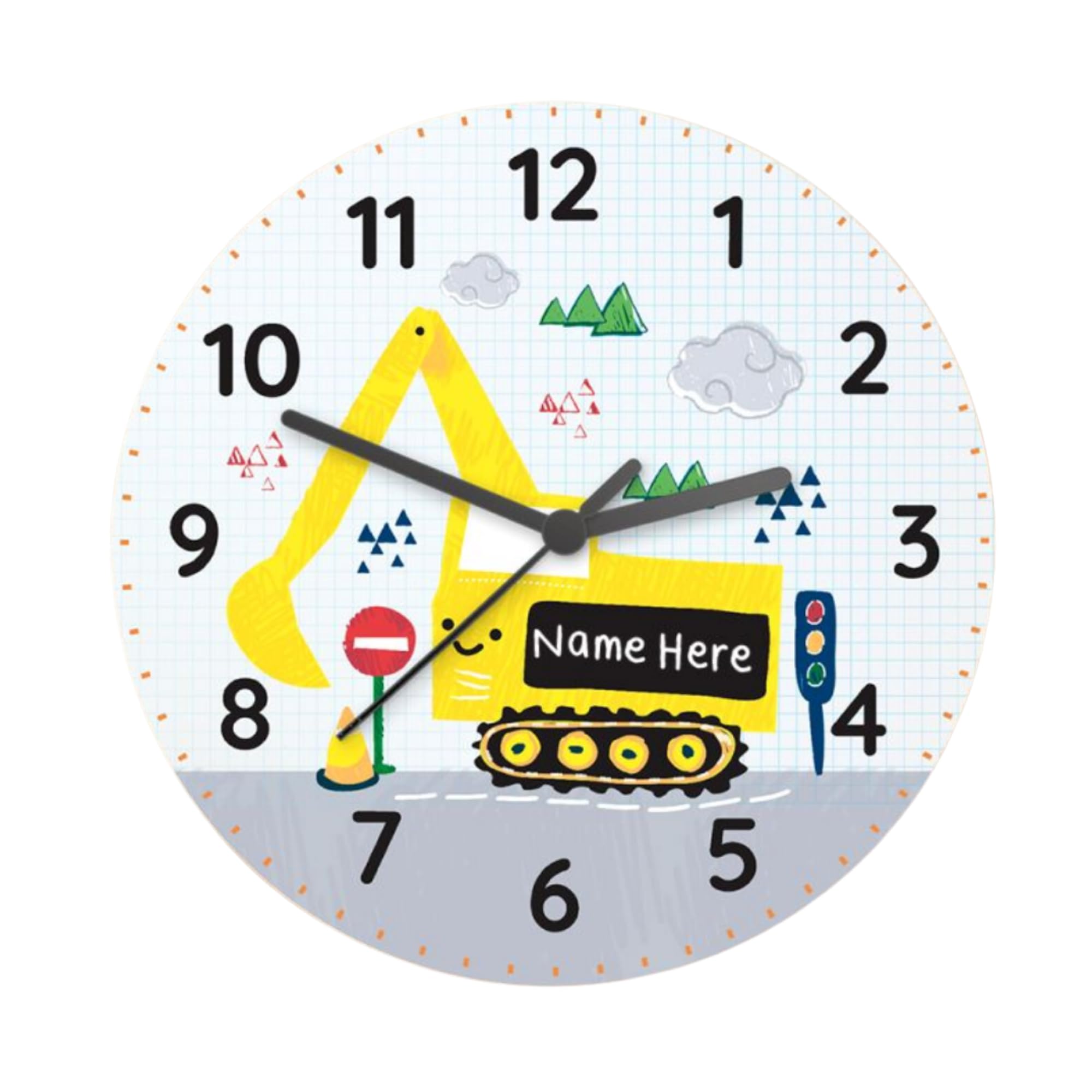 Caleli Gifts Yellow Personalised Digger Wooden Clock For A Child's Bedroom, New Baby Present Etc