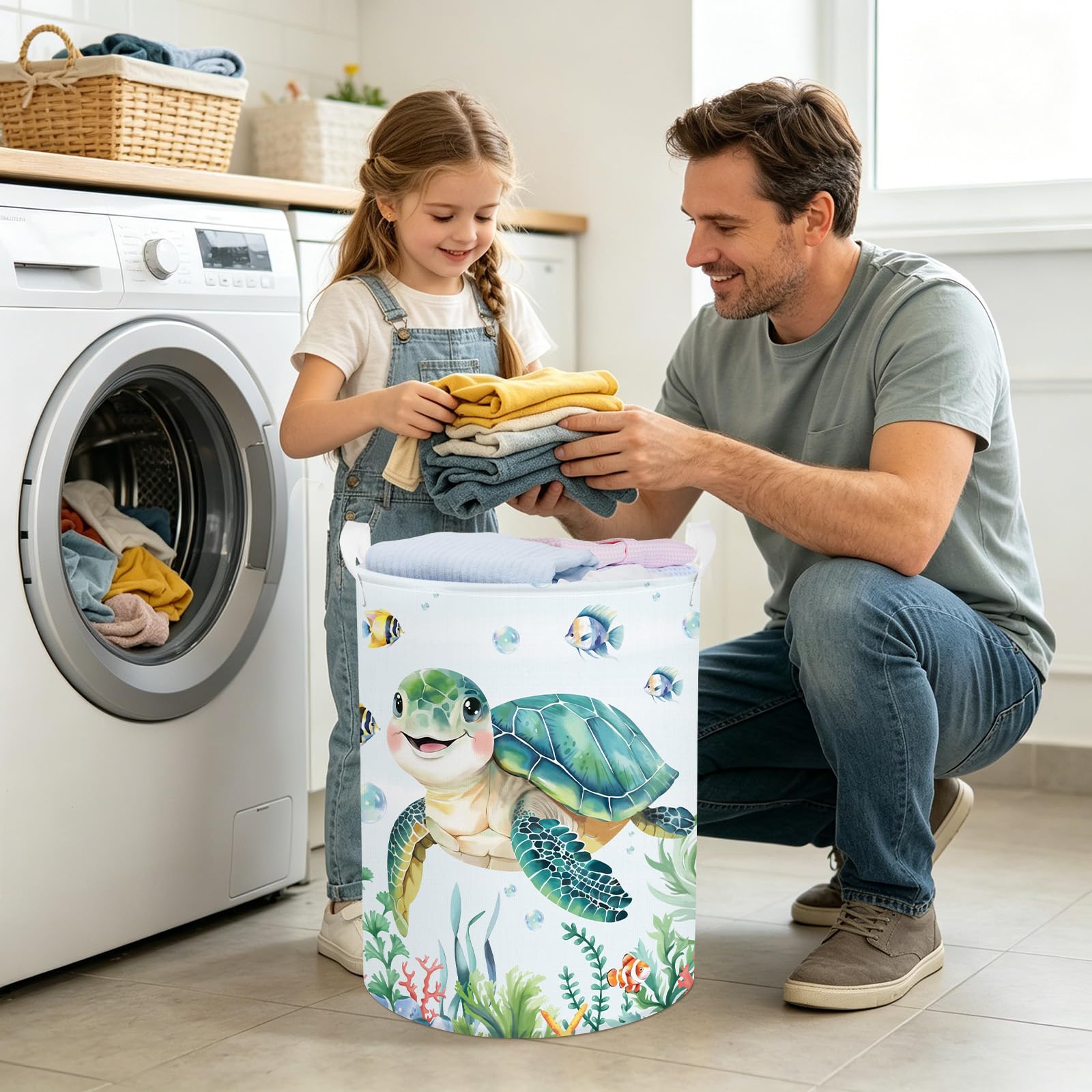 Clastyle Ceste Biancheria Bambini Mare Tartaruga Verde per Ragazzo Ragazza Cestino Portaoggetti Giocattoli Pieghevole Vestiti Giocattolo con Manici per Bagno Cameretta, Tartaruga marina, 36x45 cm