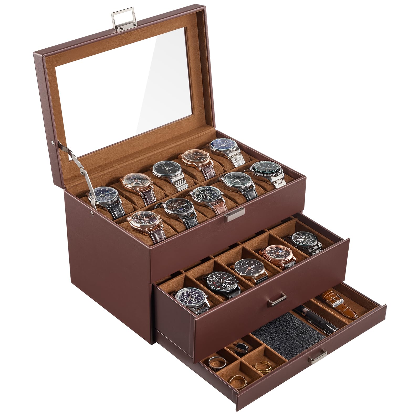 NFBCXUTKW 20 Slot Watch Box for Men, 3-Layer Watch Display Case with Glass Lid, Watch Holder with Drawer, Jewelry Storage Organizer for Watches Straps Rings -Brown