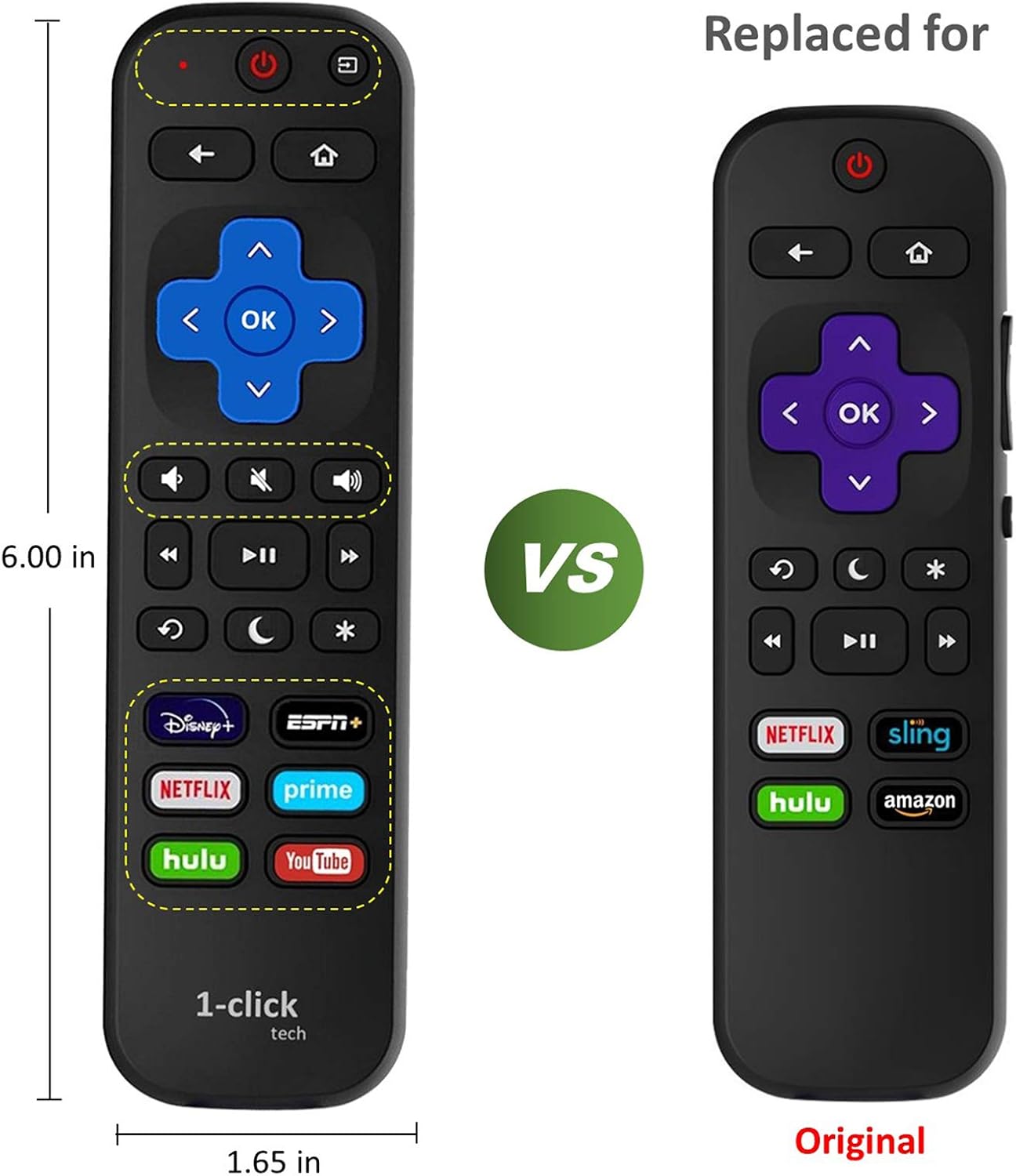 1-clicktech for【Roku TV & Roku Box】 Remote Control - TCL Hisense ONN Sanyo Sharp Hitachi Element Insignia Westinghouse LG JVC Magnavox Roku TV, w/ 12 Opt. Channels [NOT for Stick] (2 Pack Remote)