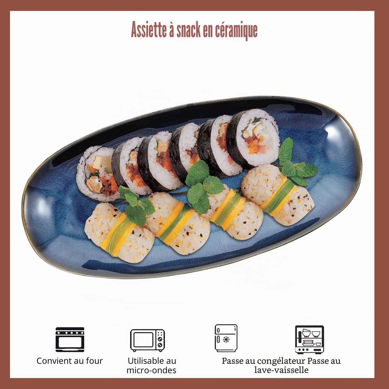 Cabilock Plat De Service Ovale en Céramique Émaillée, Assiette pour Sushi, Fruits Et Apéritifs, Passe Micro-Ondes Et Lave-Vaisselle, Bleu, 34.7 X 16.8 X 3.5 Cm