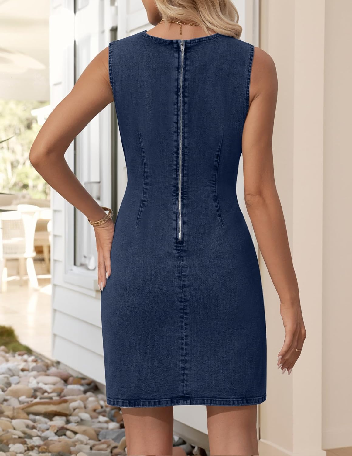 NENONA Women's Summer Sleeveless Denim Dress Casual Crew Neck Stretchy Mini Jean Dresses Cowboy Chic Outfits - Image 3