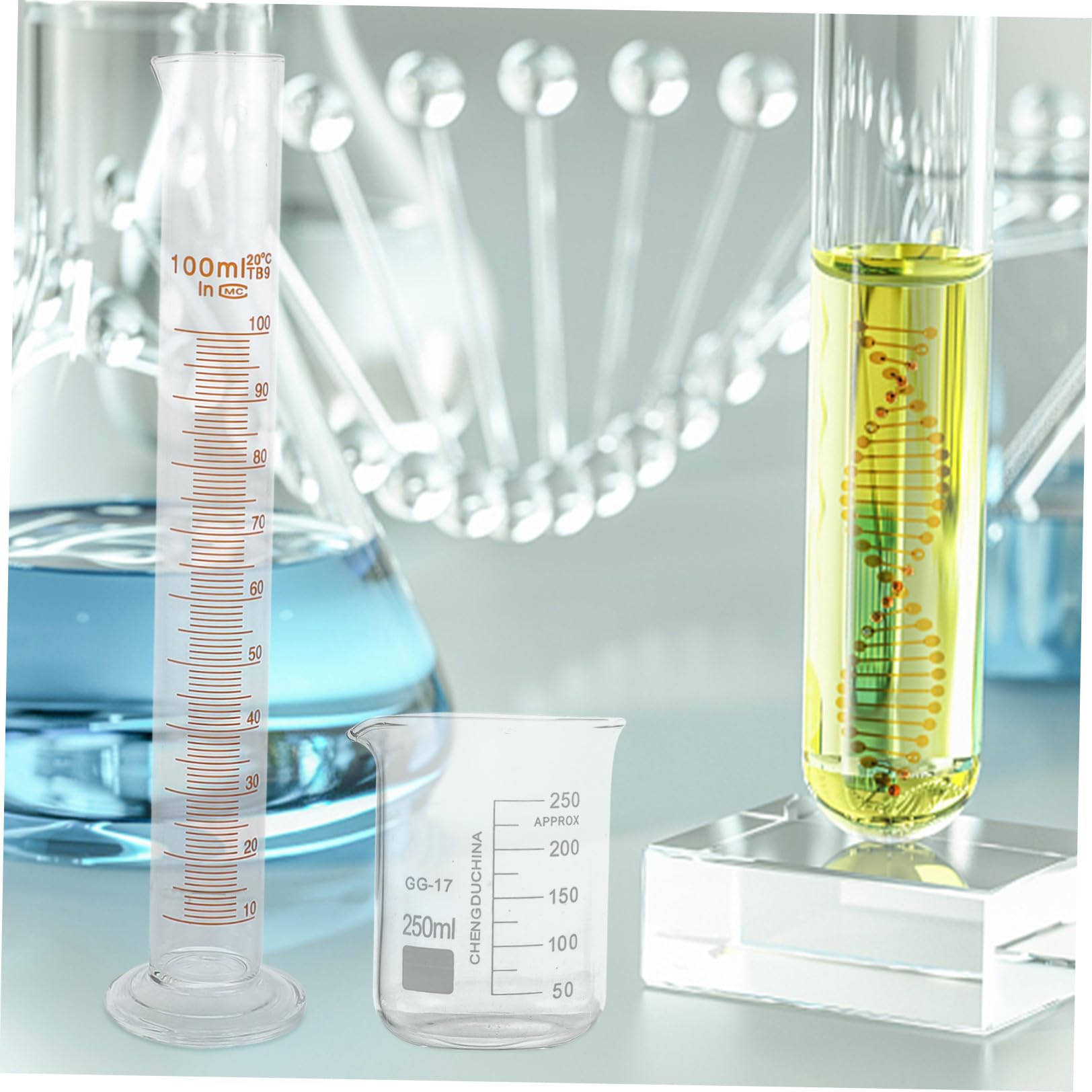 POPETPOP Kit di Vetreria da Laboratorio 9 Pezzi in Vetro Misurini Graduati, Bottiglie Coniche da 50ml a 250ml, senza Perdite Laterali, per Chimica e Progetti Sperimentali