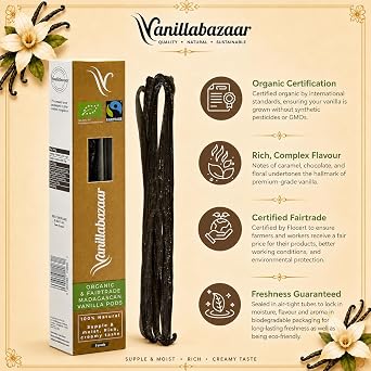 Sustainable, Organic & Fairtrade Madagascan Grade A Beans | 5 Bourbon Premium Vanilla Pods | Resealable Tube for Chefs & Home Baking/Cooking | Vanillabazaar