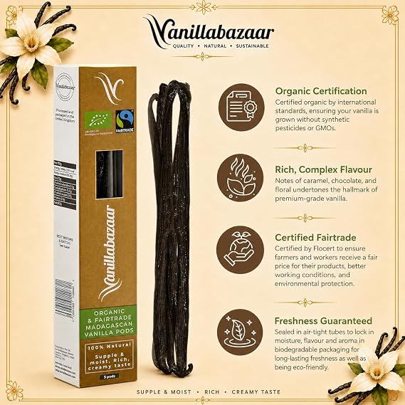 Sustainable, Organic & Fairtrade Madagascan Grade A Beans | 5 Bourbon Premium Vanilla Pods | Resealable Tube for Chefs & Home Baking/Cooking | Vanillabazaar