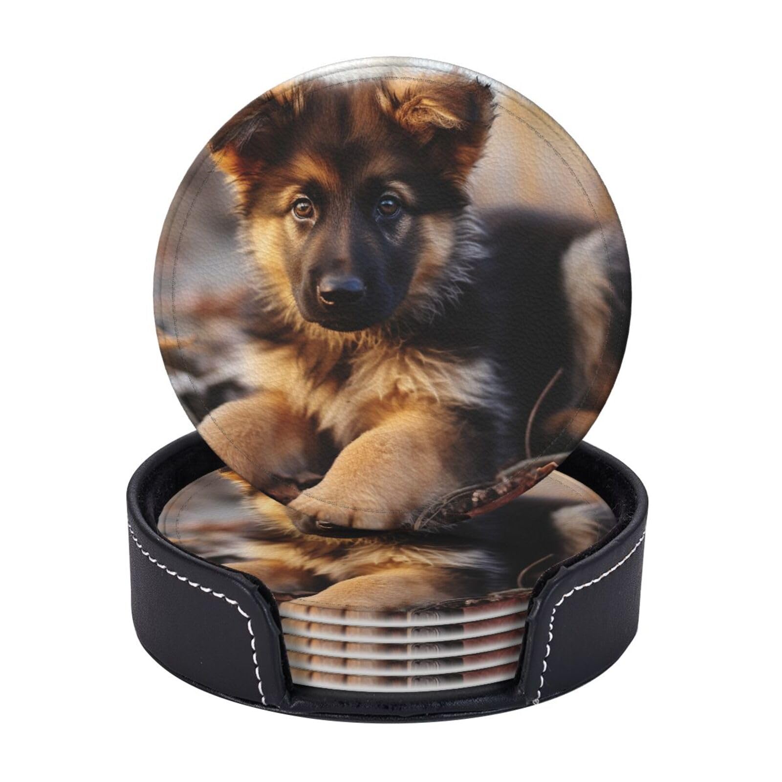 Round Coasters for Drinks Set of 6 - PU Leather Coasters with Holder - Modern Drink Coasters for Coffee Table - German Shepherd Puppy Coaster for Tabletop Protection 4" Cup Mat Pad