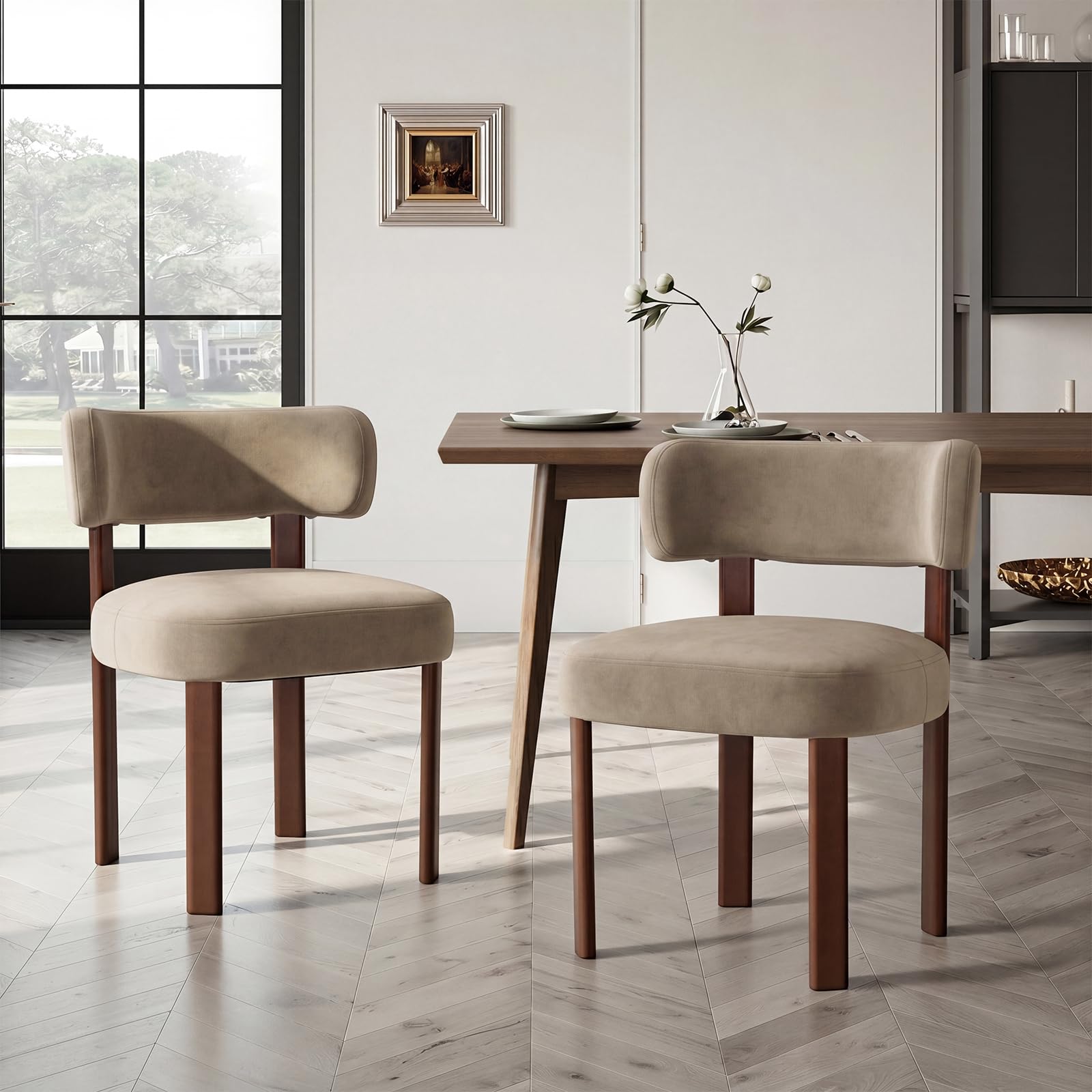 COLAMY Wooden Dining Chairs Set of 2, Velvet Fabric Chairs for Dining Room with Open Curved Backrest and Thick Seat Cushion, Upholstered Kitchen Chair with Anti-Slip Pads, Khaki