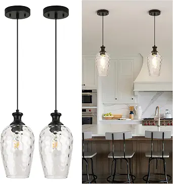 Glass Pendant Lights for Kitchen Island, Matte Black with Clear Hammered Glass Shade, 2 Pack