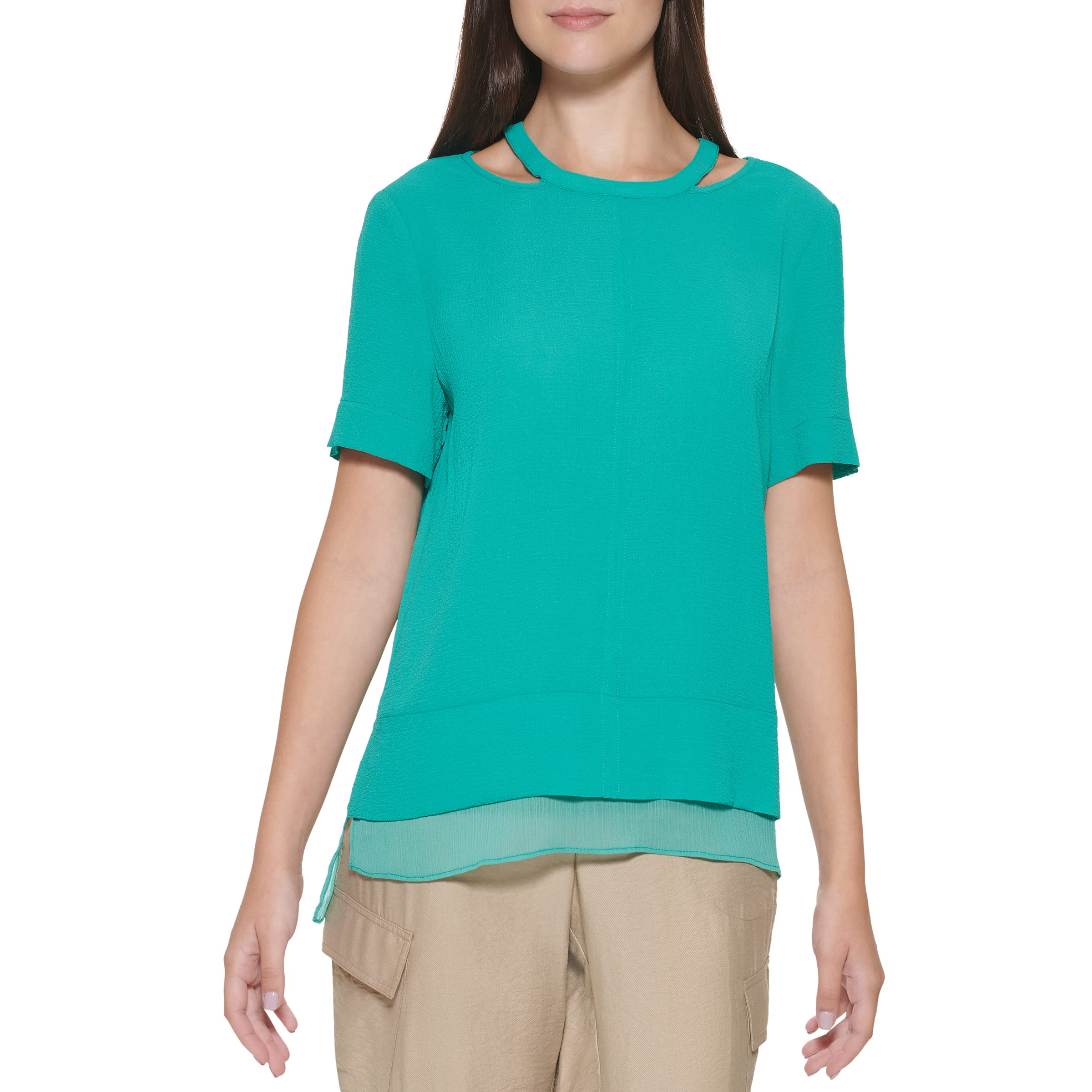 Photo 1 of DKNY Women's S/S Cut Out Neck TOP W/Chiffon Hem, Ivory, X-Small