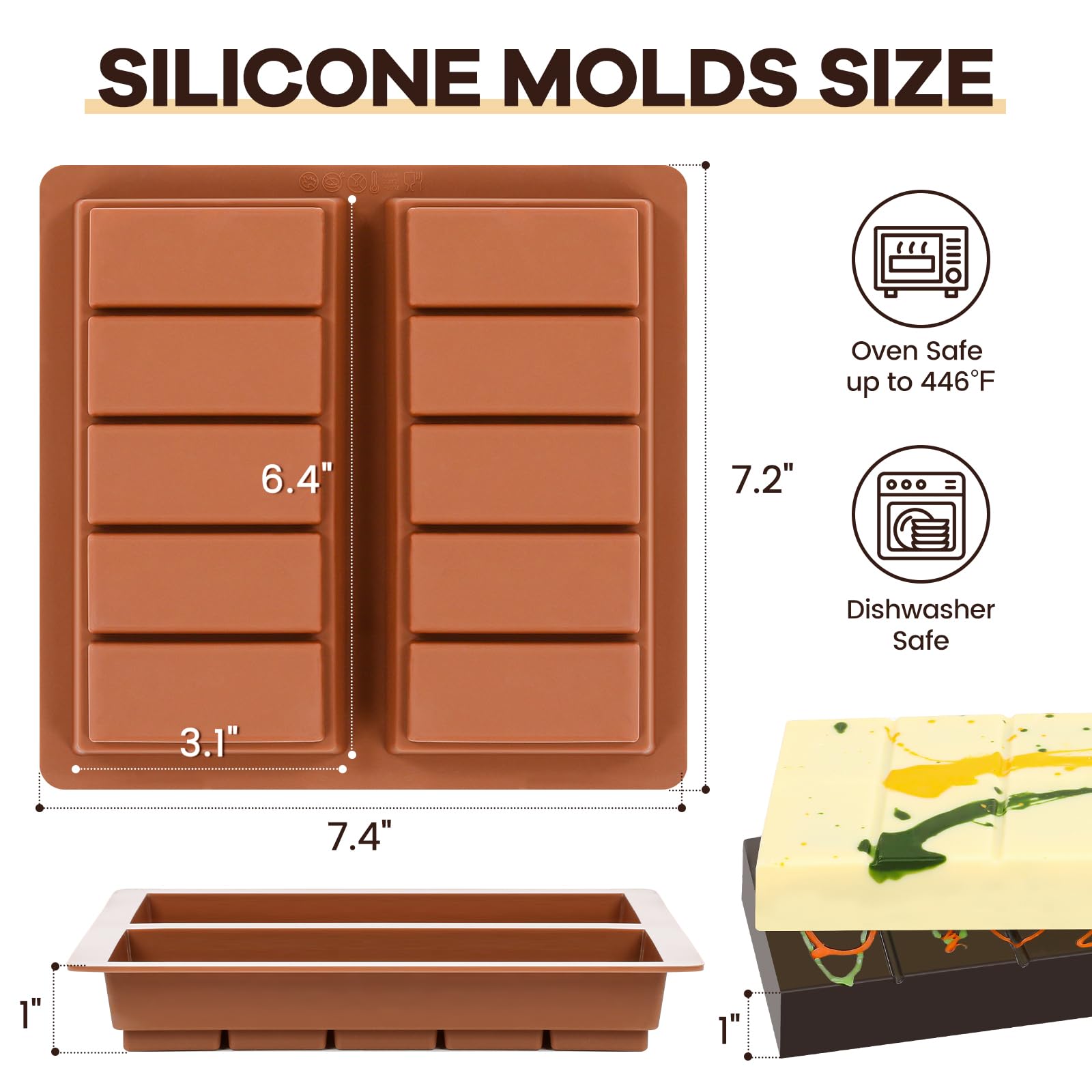 Molde de silicona para barra de chocolate, molde de chocolate Dubai de 1 pulgada de profundidad, antiadherente, flexible, grande y grueso, chocolates caseros, dulces y postres, juego de 2