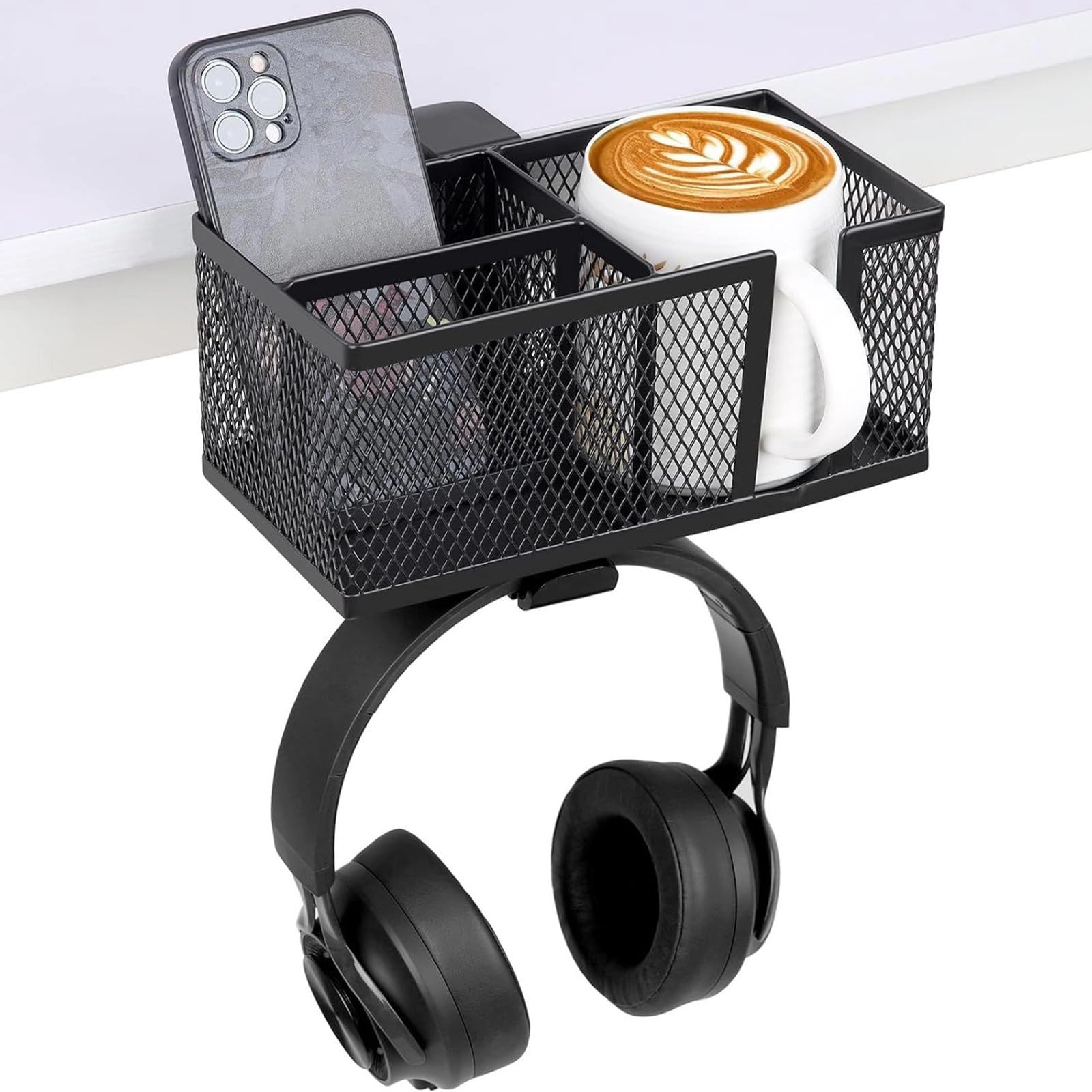 Clip-On-Metall-Getränkehalter, schwarz, Schreibtisch-Organizer-Klemme, Schreibtischzubehör für Flaschen, Tassen, Kopfhörer, kein Bohren, einfache Installation