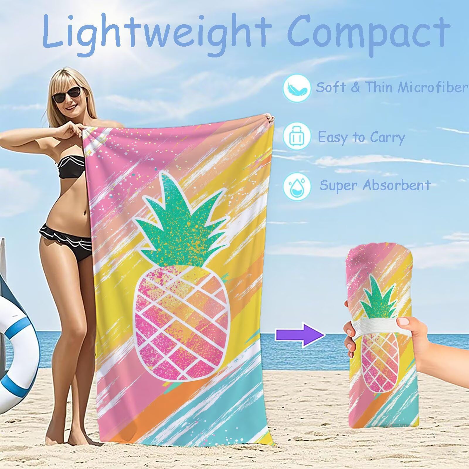 Ręczniki z mikrofibry, ananas, ręcznik plażowy, duży 100 x 180 cm, ręcznik sportowy, szybkoschnący, chłonny, ręcznik plażowy, mata plażowa, koc piknikowy na podróż, kemping, wakacje, basen M-787