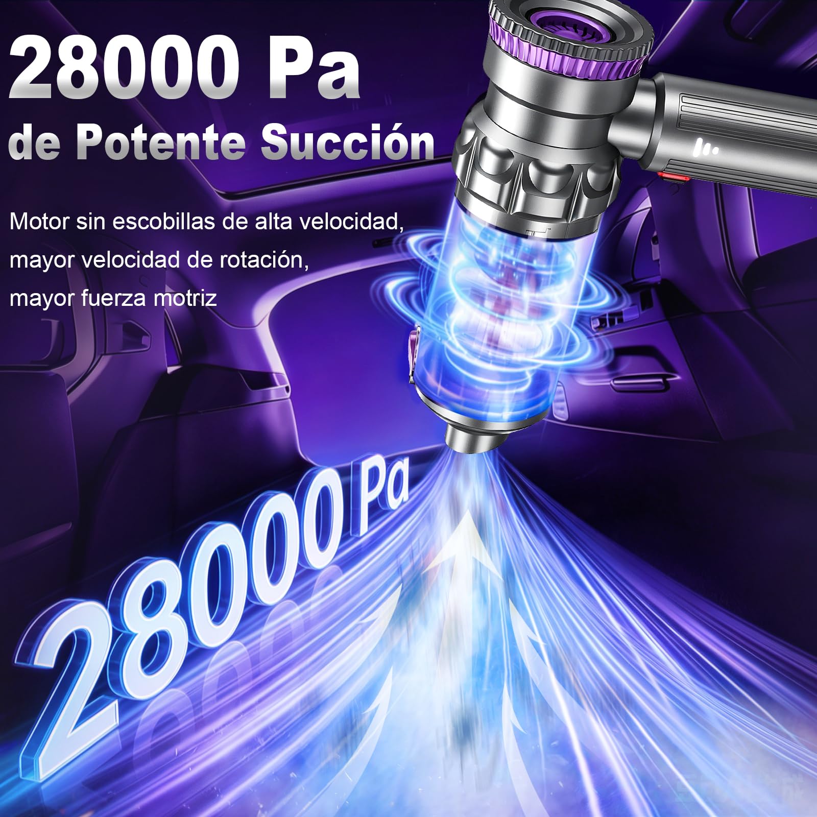 Aspiradora Coche Sin Cable Potente, 28000Pa Aspiradora de Mano Sin Cable Portátil Recargable, 4 en 1 aspiradora coche con Motor sin Escobillas, Ideal para Pelo de Mascotas, Coche, Camper - Plateado