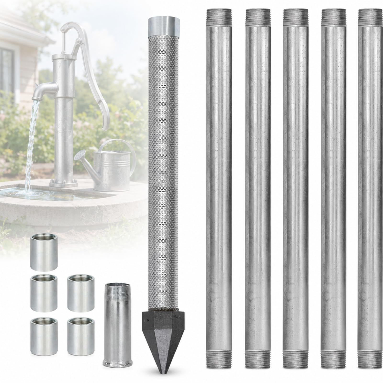 Kit De Forage pour Puits Peu Profonds avec Pointe De Puits en Acier Inoxydable De 36 Pouces, Crépine à Mailles De 60 Et Tuyaux Galvanisés 4m