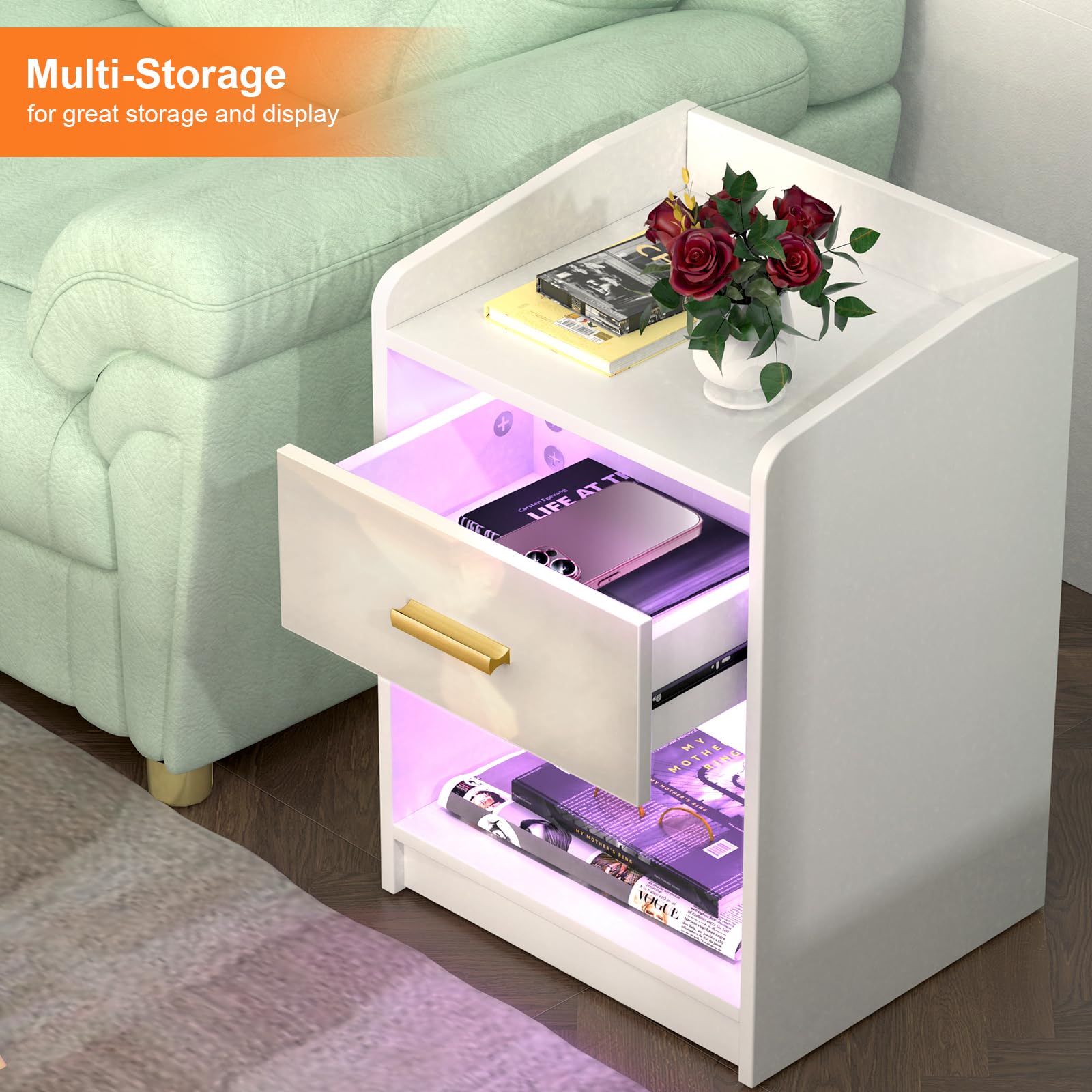Table De Chevet LED Avec Tiroir - 16 Couleurs RGB - Blanc Brillant