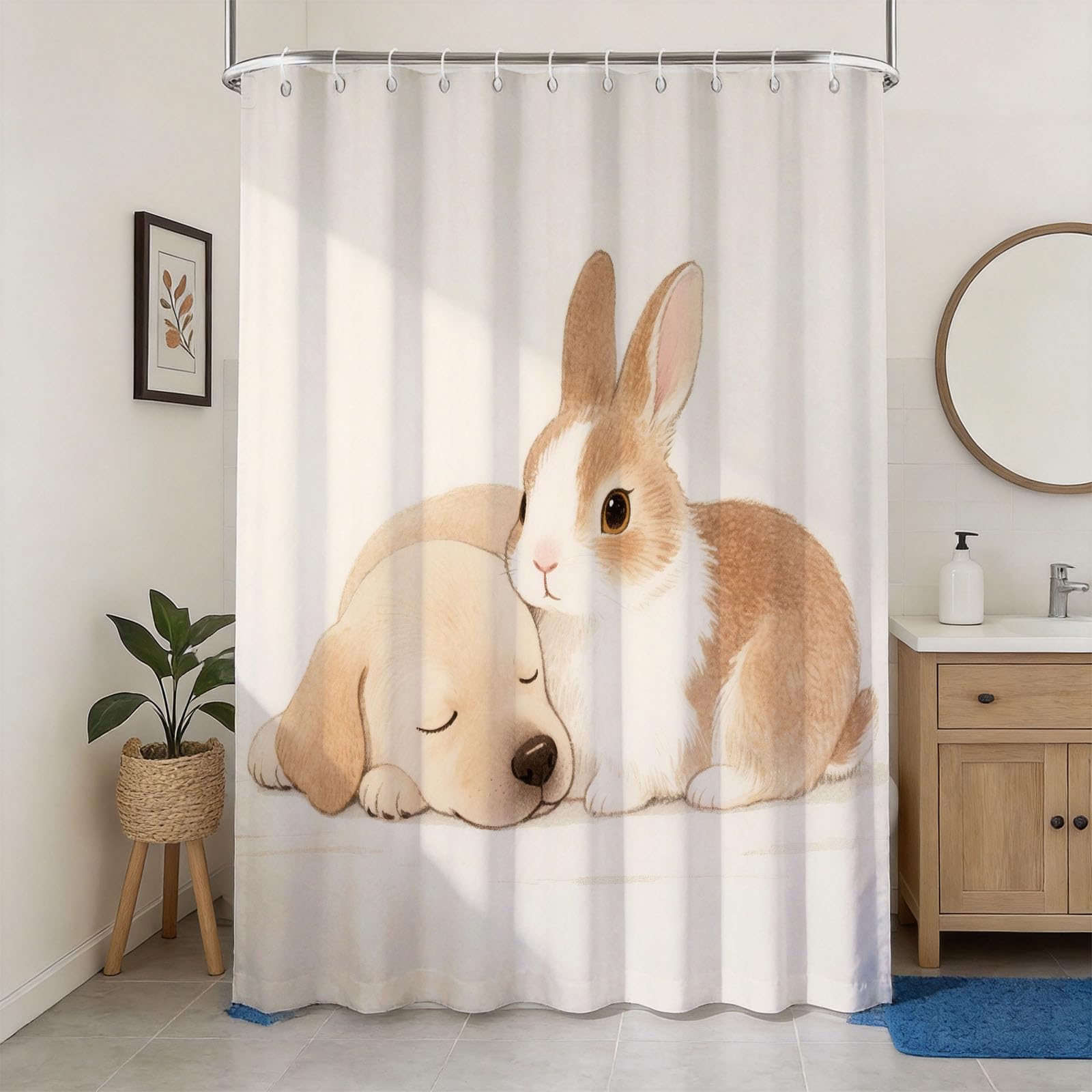 Hongduo 3D Dog & Rabbit Shower Curtain for Stalls Bathtubs Cute Animals Bathroom Decor Shower Curtain Set Polyester Fabric Waterproof 120x180cm/48X71 Inch with Hooks