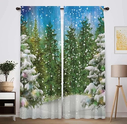 Funnytree Winter Forest Window Curtain Christmas Tree Snowy Landscape Print
