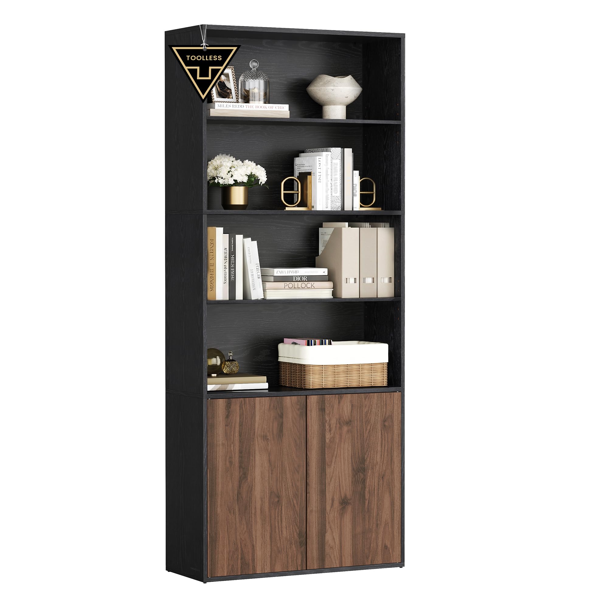 Photo 1 of **SELLING AS PARTIAL SET. ONE OF TWO BOXES**SONGMICS Home Book Shelf, Superfast Toolless Assembly, 6-Tier Floor Standing Bookcase with Doors and Adjustable Shelves, 70.4 Inches Tall for Bedroom Study Living Room, Ebony Black and Natural Walnut